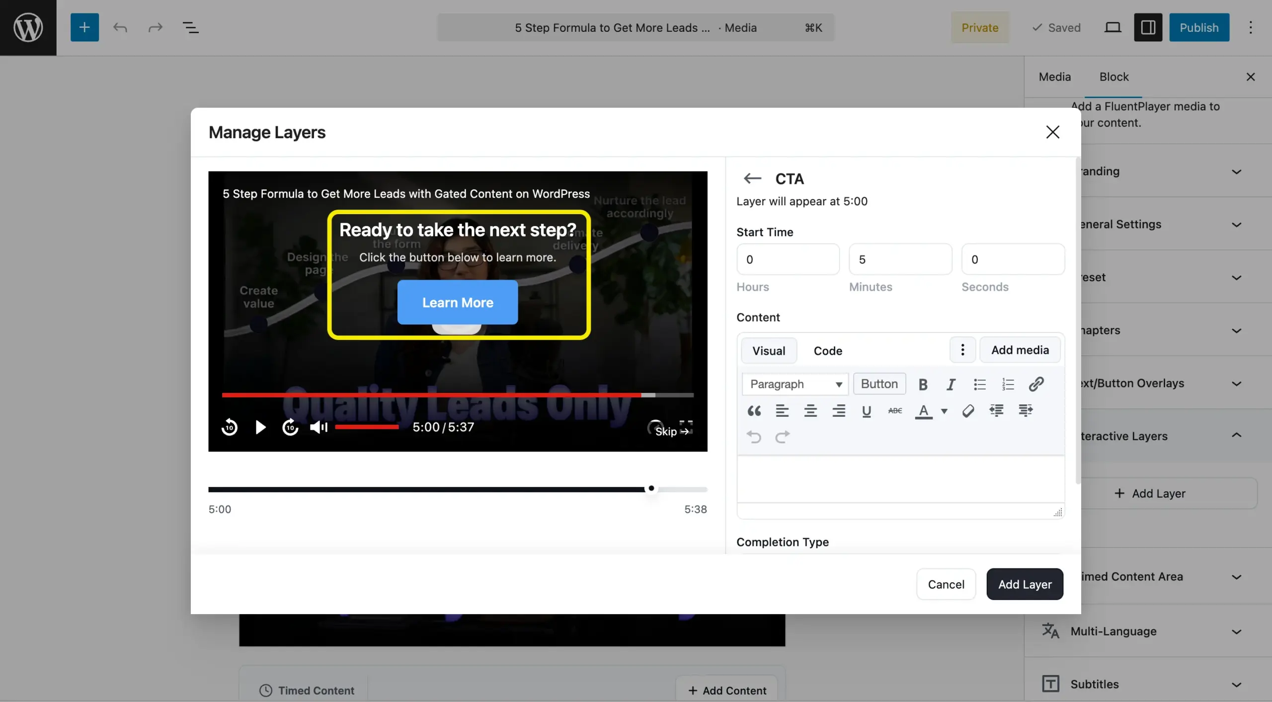 CTA positioning, start time and content within the video