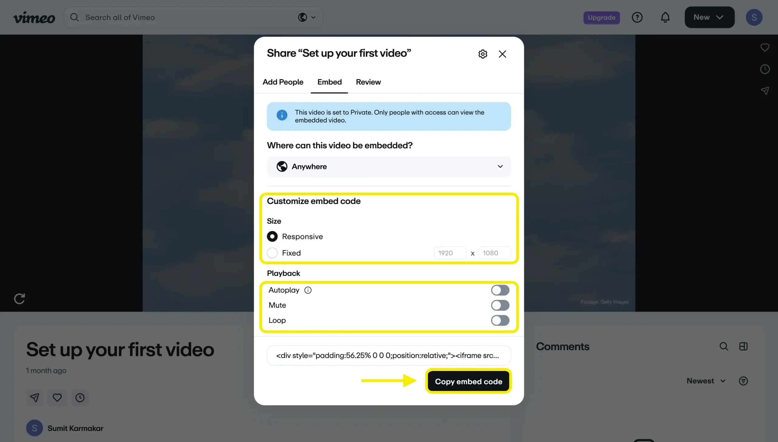 Vimeo Video in WordPress  - customizing embed on Vimeo: Size, Playback, Autoplay, Mute, Loop, and Copy embed code options