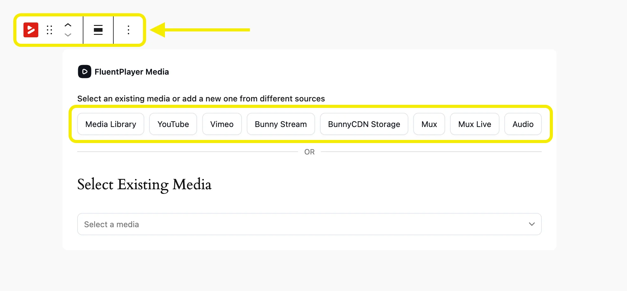 FluentPlayer media block- Media library, YouTube, Vimeo, Bunny Stream, BunnyCDN Storage, Mux, Mux Live, Audio