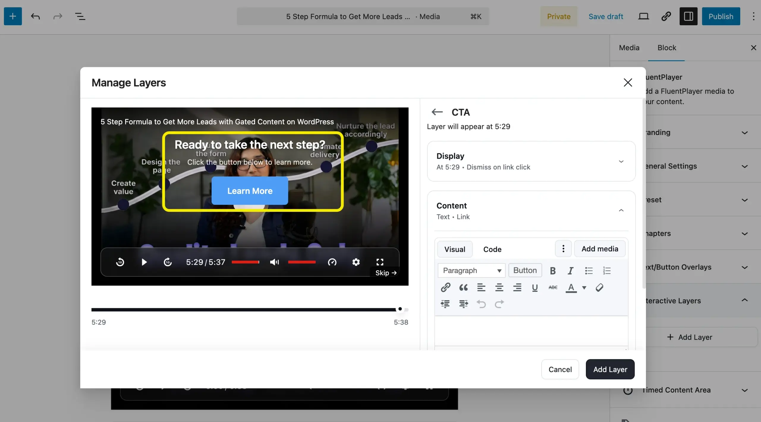 FluentPlayer Interactive Layers panel in WordPress admin showing CTA button setup with timestamp field and CTA content