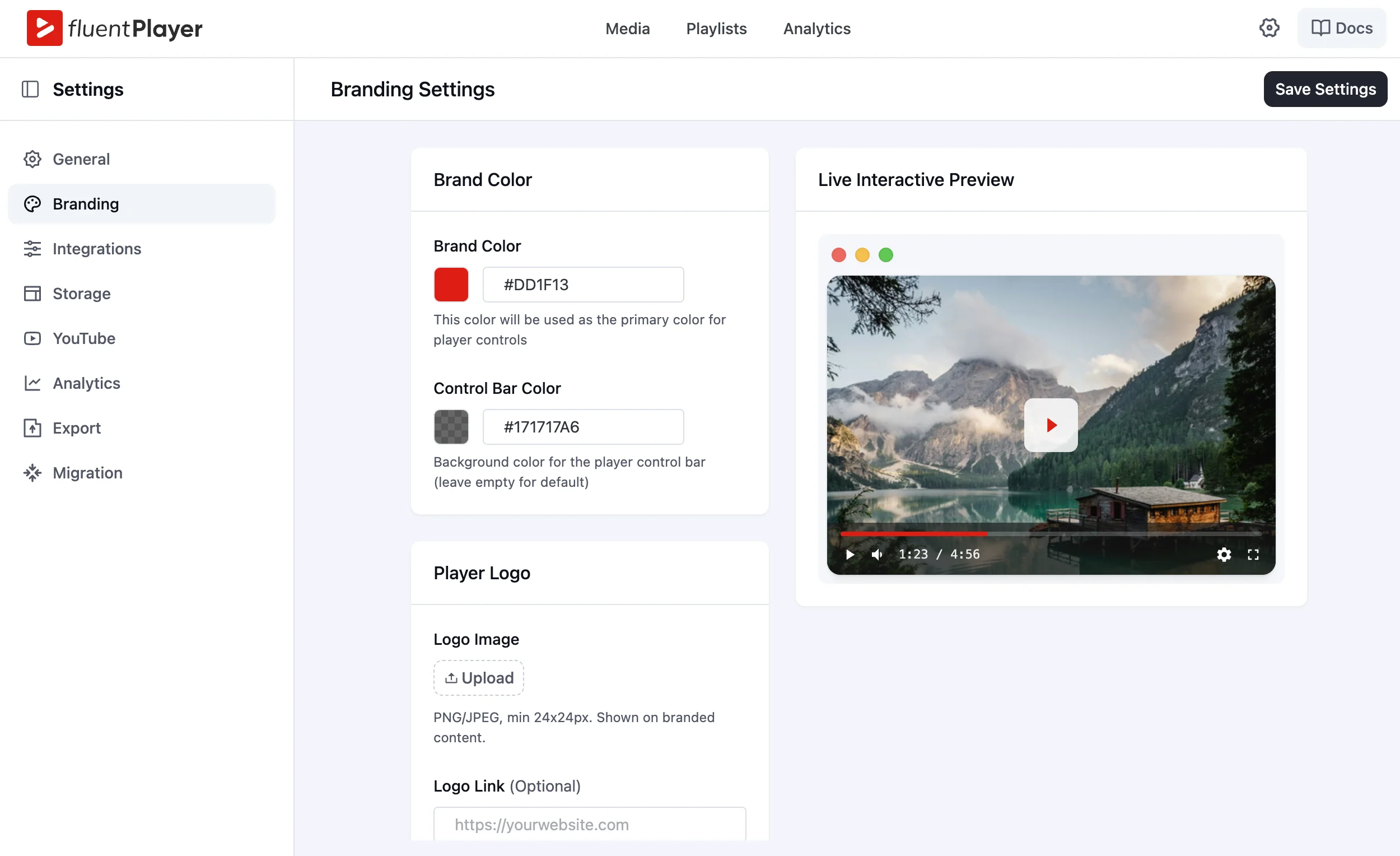 FluentPlayer Branding Settings panel showing brand color, control bar color fields, and live player preview