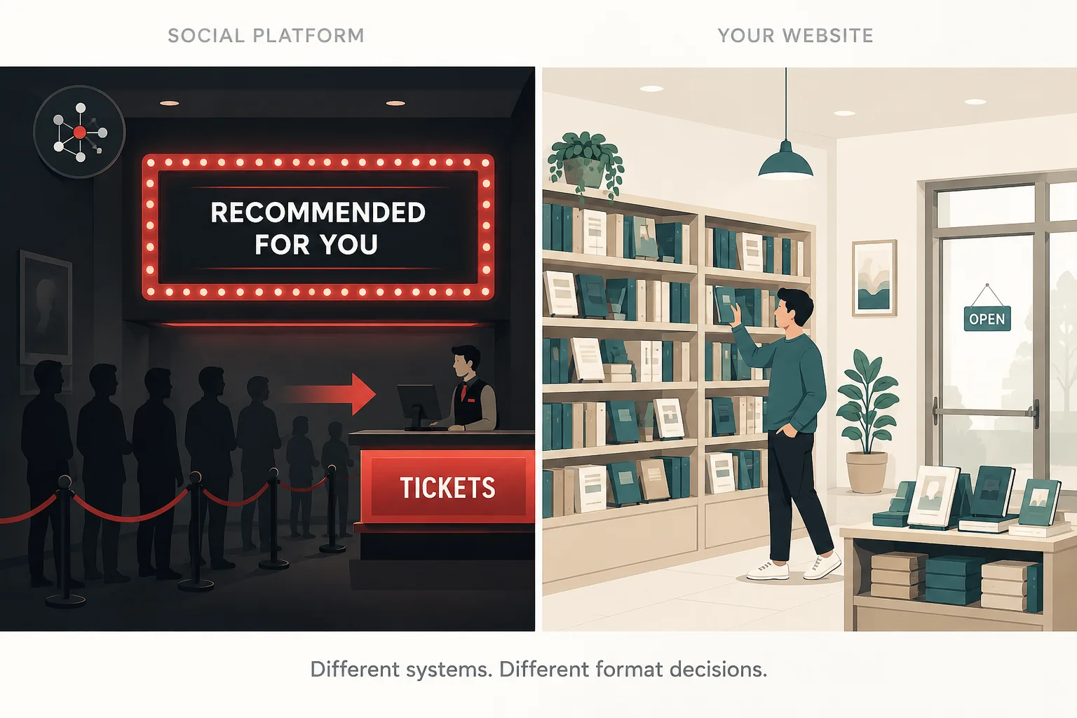Two-panel illustration comparing a cinema with algorithmic recommendations on the left and a calm bookshop with a self-directed visitor on the right