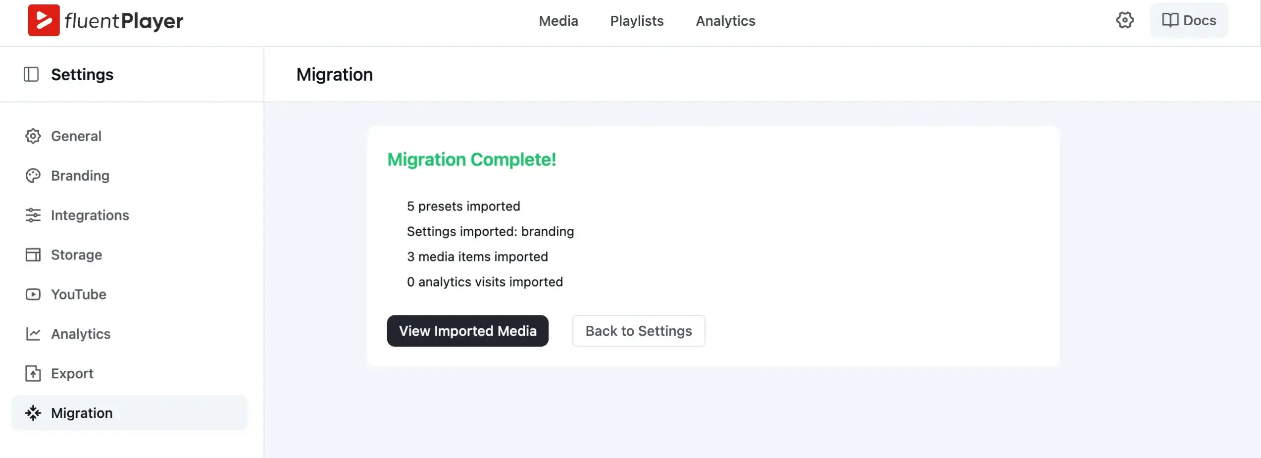 FluentPlayer Migration Complete screen showing 5 presets, settings, and 3 media items successfully imported