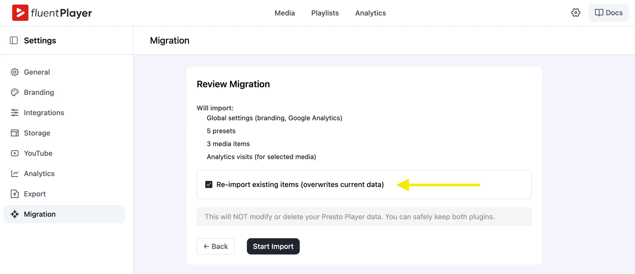 FluentPlayer Review Migration screen on second run showing Re-import existing items overwrite checkbox checked by default
