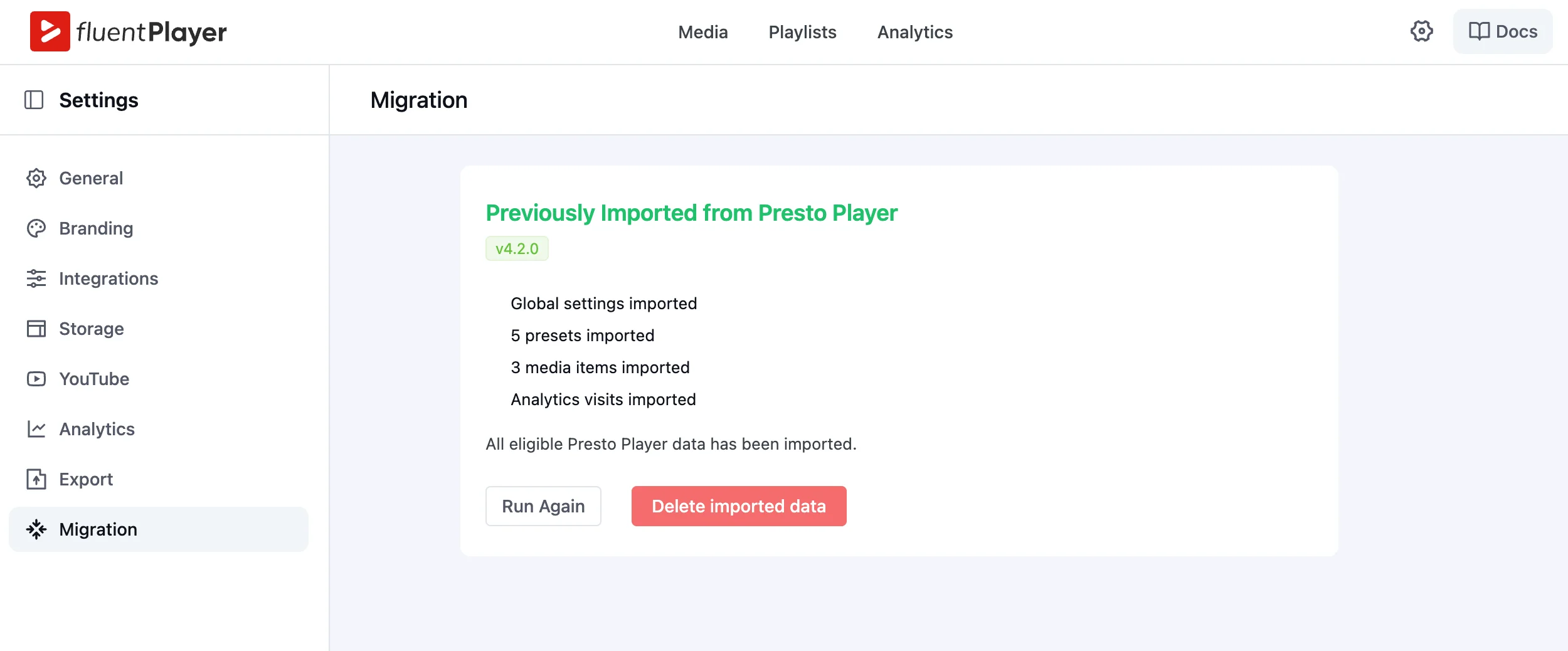 FluentPlayer Migration tab showing Previously Imported from Presto Player summary with Run Again and Delete imported data buttons
