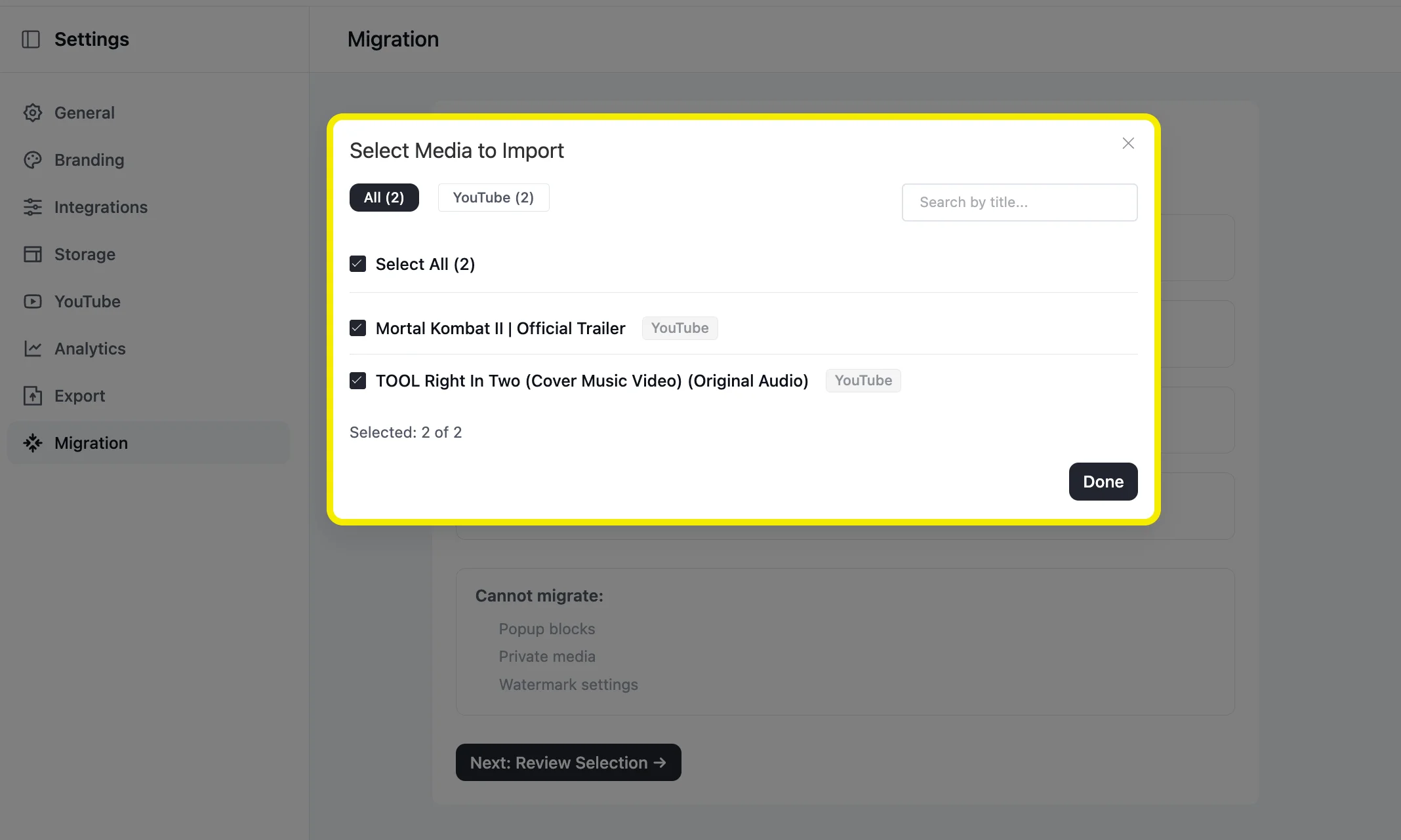 Select Media to Import modal in FluentPlayer showing 2 YouTube videos selected for migration