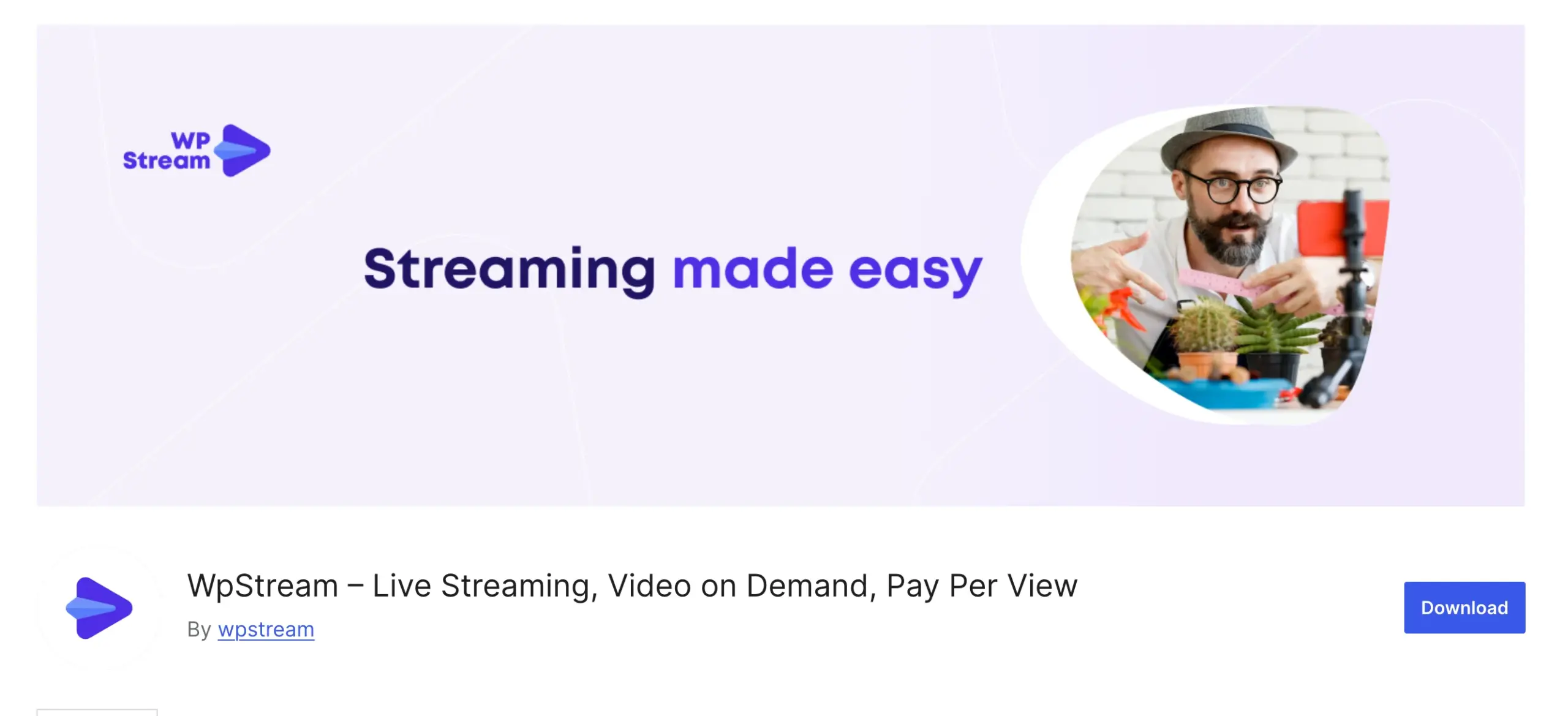 WpStream plugin listing on WordPress.org with the Streaming made easy banner