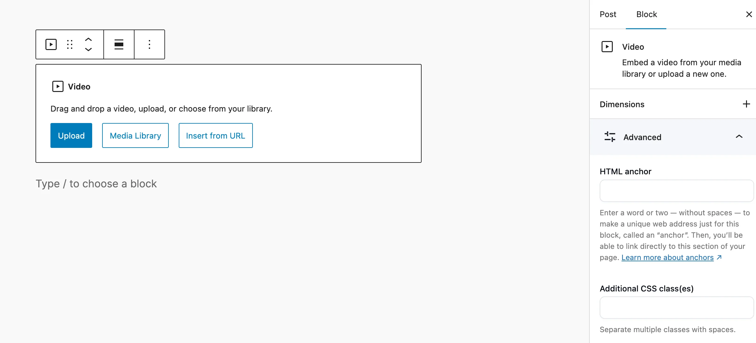 WordPress block editor showing the default Video block with Upload and Media Library options