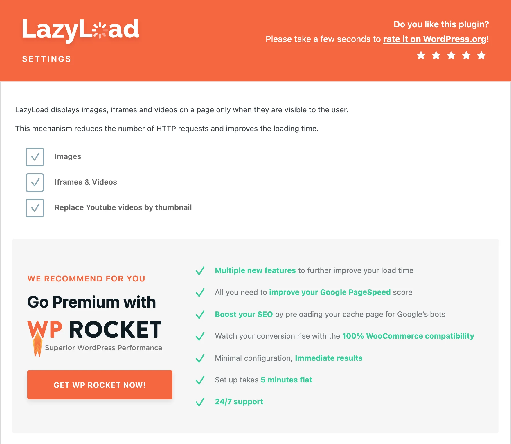 LazyLoad by WP Rocket settings panel showing Iframes and Videos checkbox and Replace YouTube iframe with preview image option checked