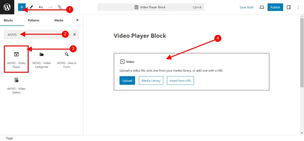 All-in-One Video Gallery block picker in WordPress editor showing AIOVG Video Player, Categories, Search Form, and Gallery blocks
