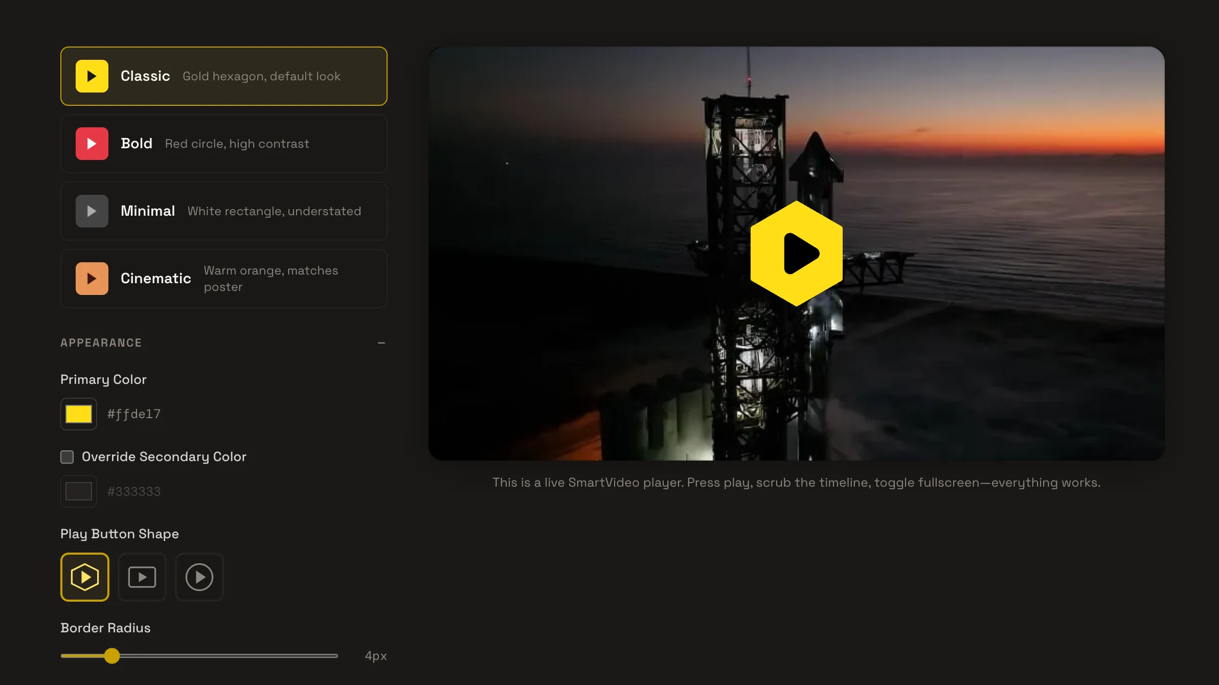 SmartVideo player settings panel showing play button style options and a live video preview