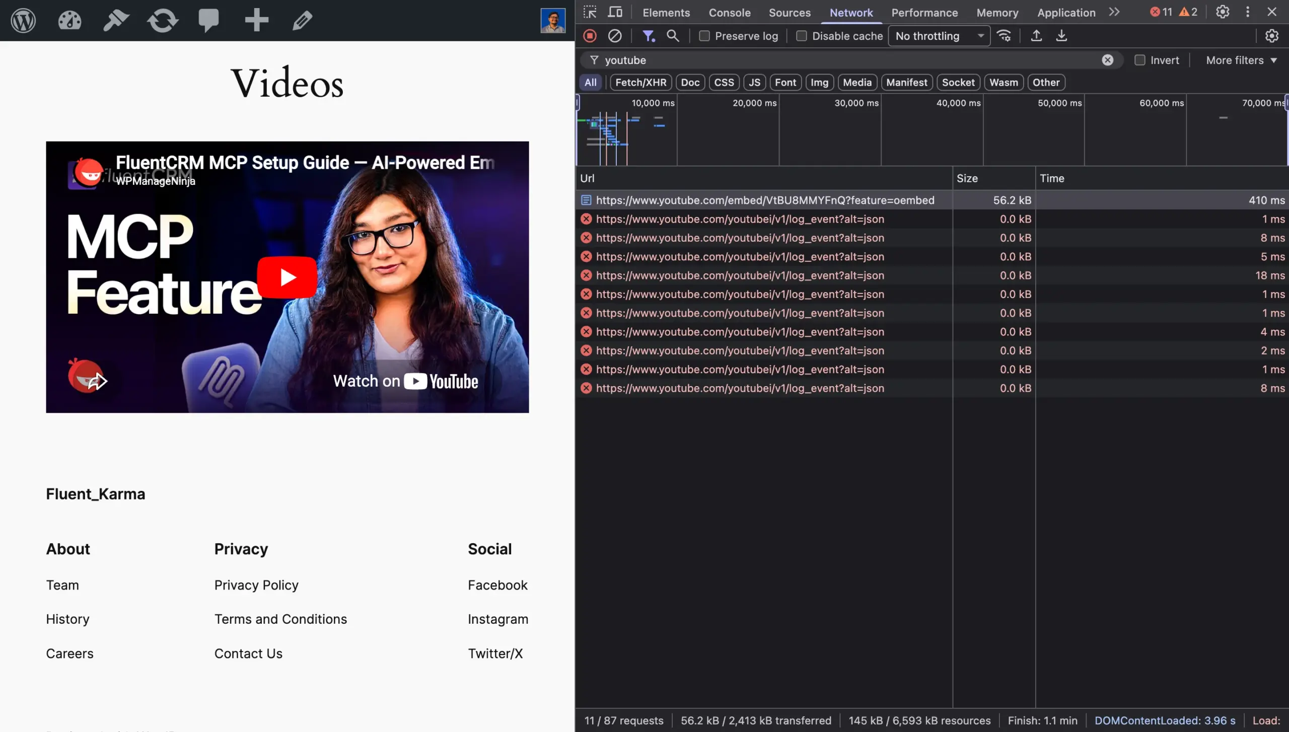 Chrome DevTools Network tab showing multiple YouTube iframe requests on a WordPress page before lazy loading