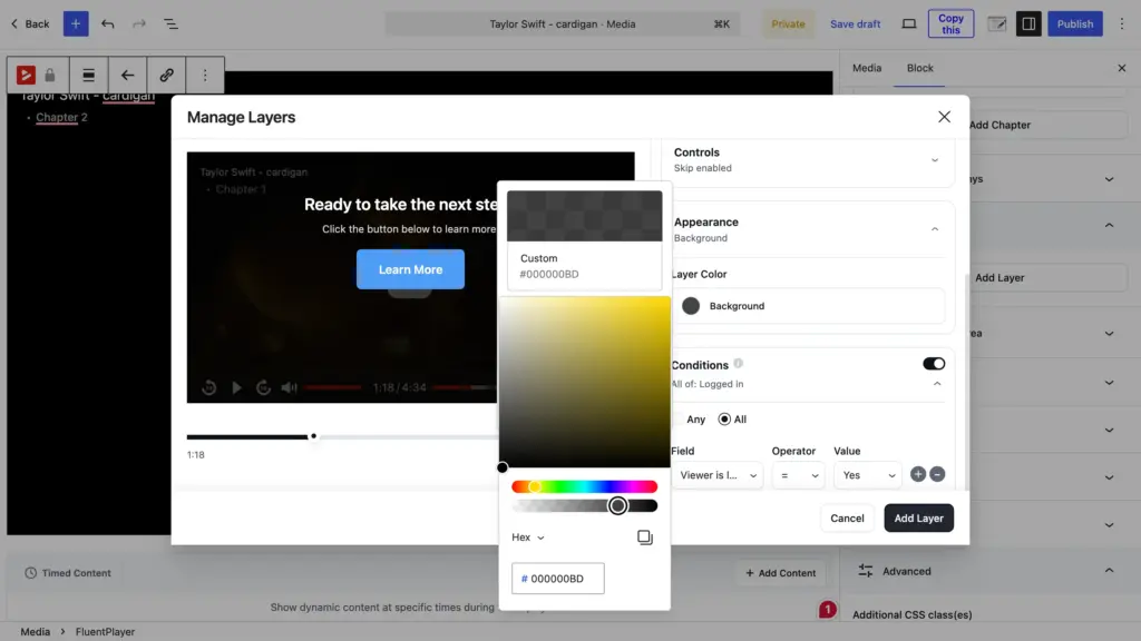 In-video CTA layer reading “Ready to take the next step?” with a Learn More button