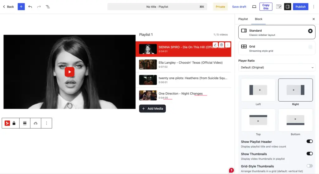 FluentPlayer Pro playlist in standard layout showing three ordered videos with runtimes