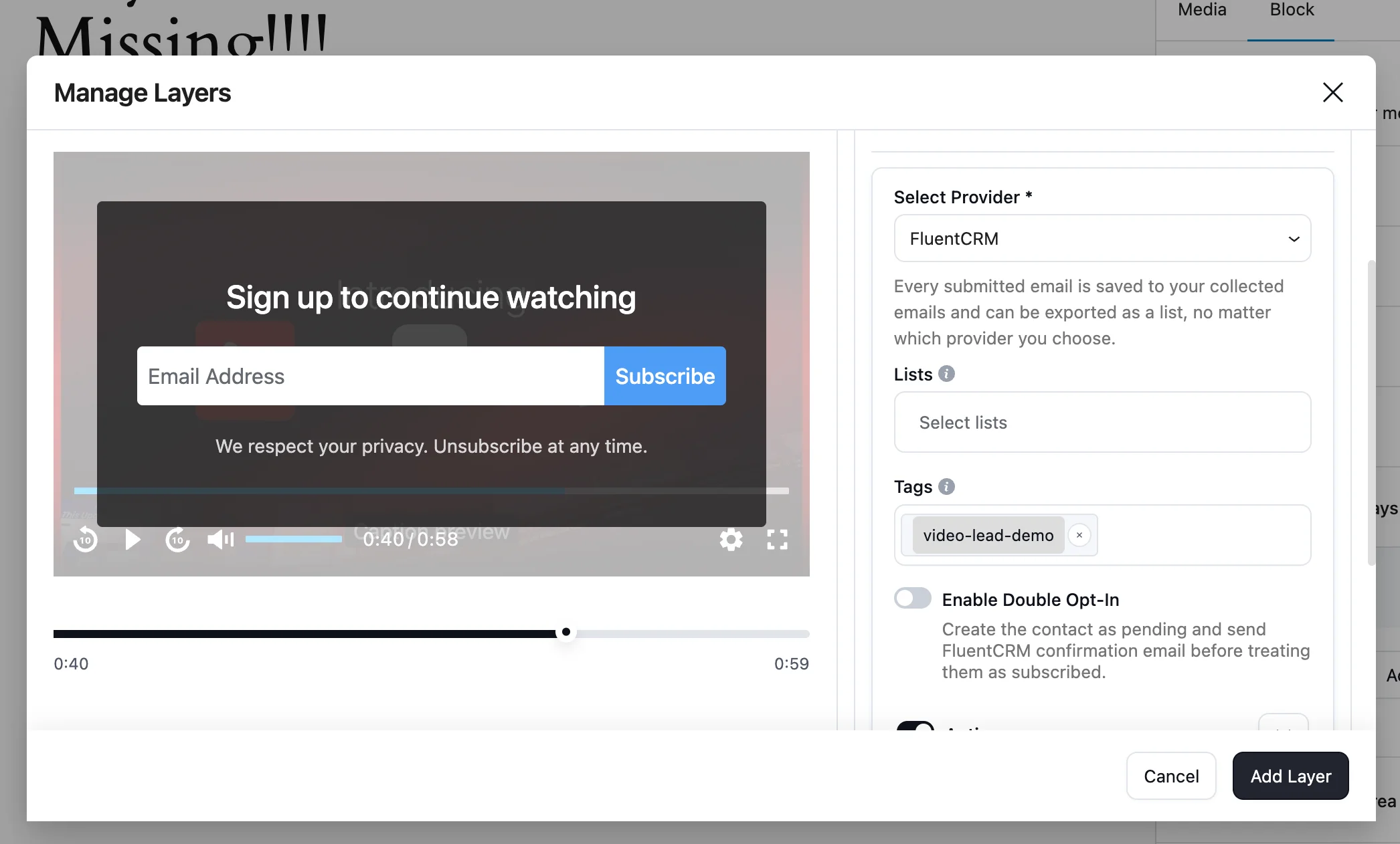 FluentPlayer email capture layer set to FluentCRM with the video-lead-demo tag selected