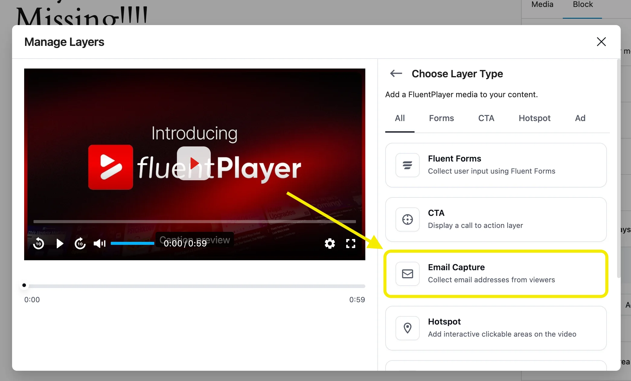 FluentPlayer Choose Layer Type panel with the Email Capture layer option highlighted