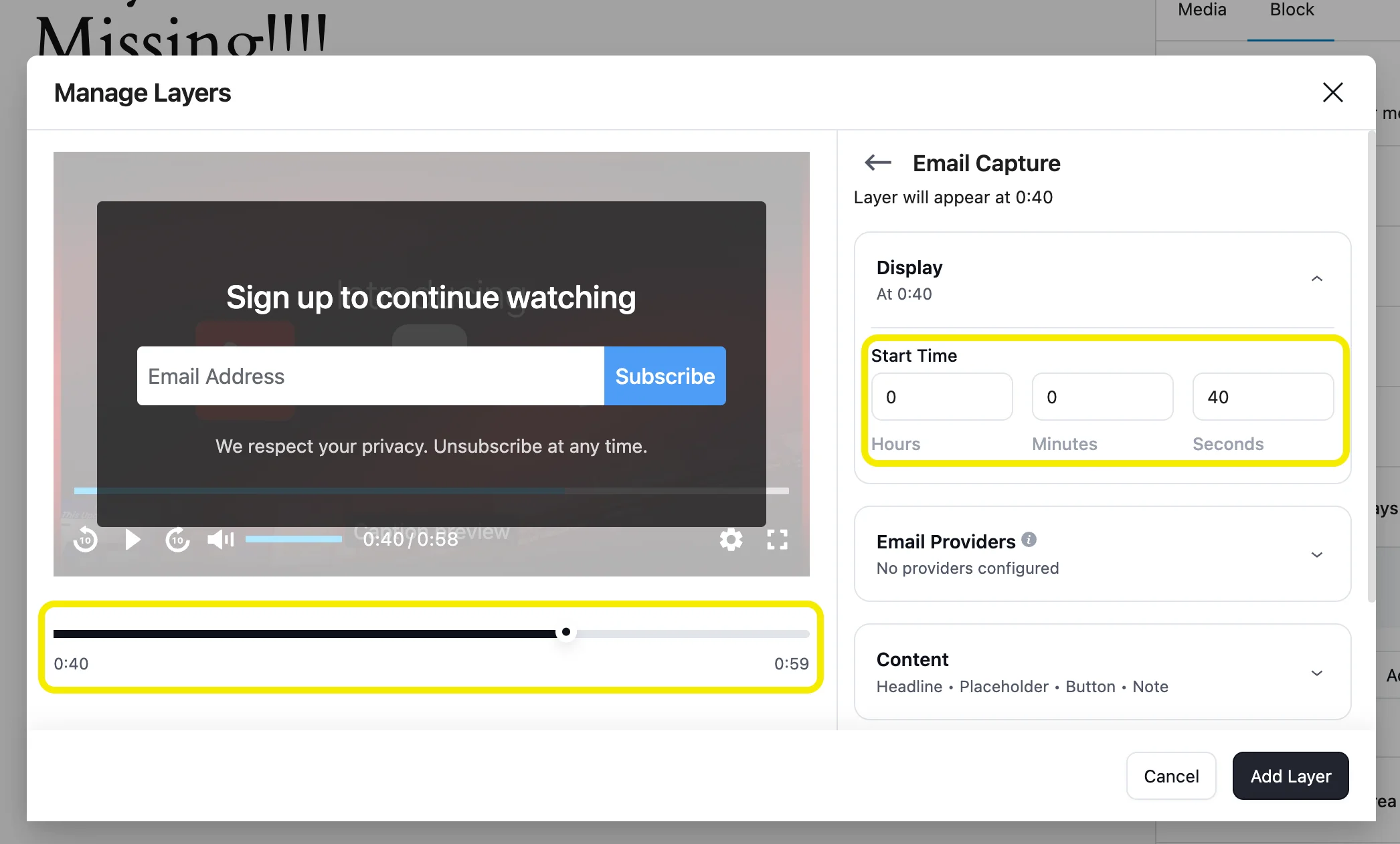 FluentPlayer Email Capture start time set to 0:40 on the video timeline