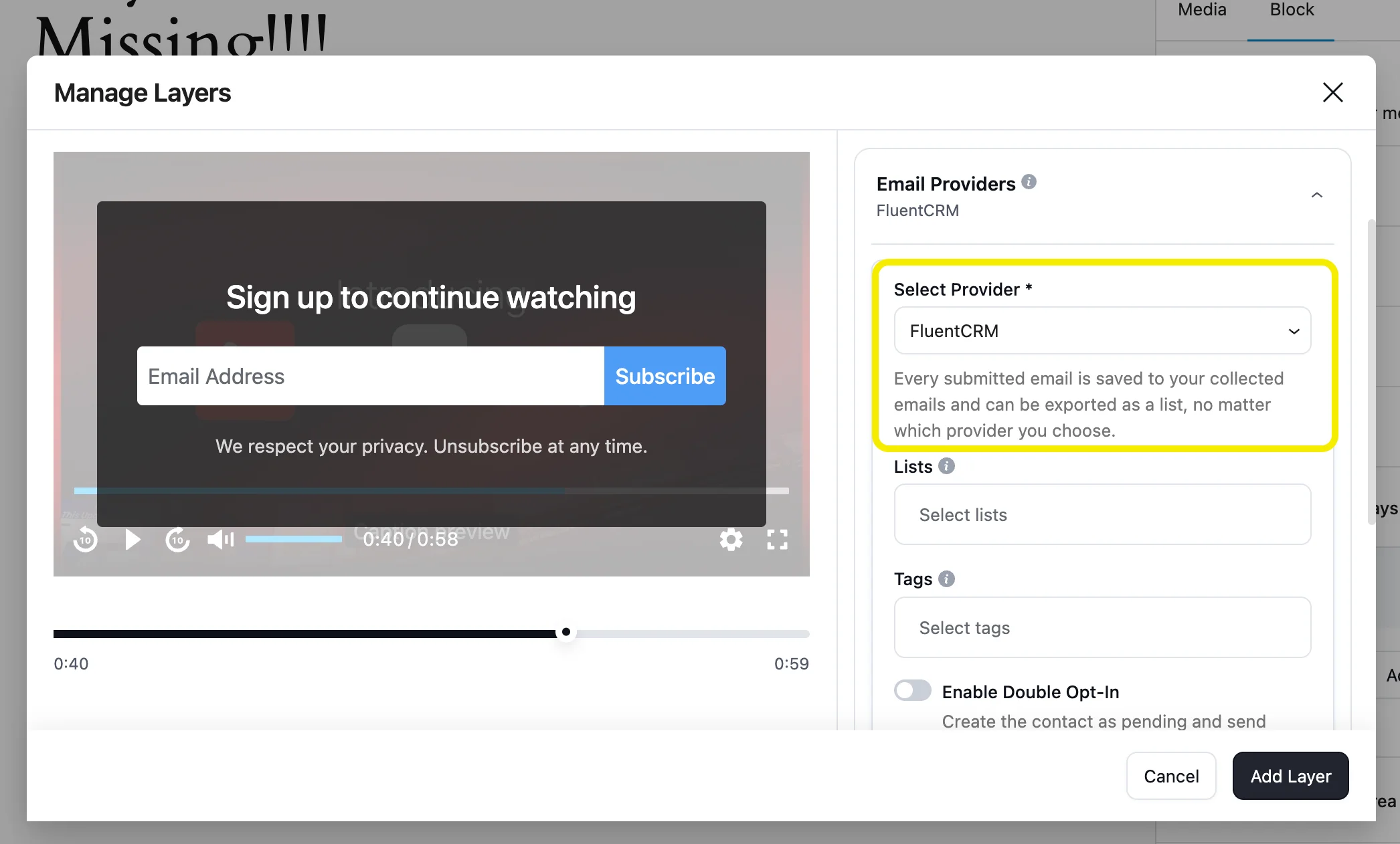 FluentPlayer Email Capture layer with FluentCRM selected as the email provider