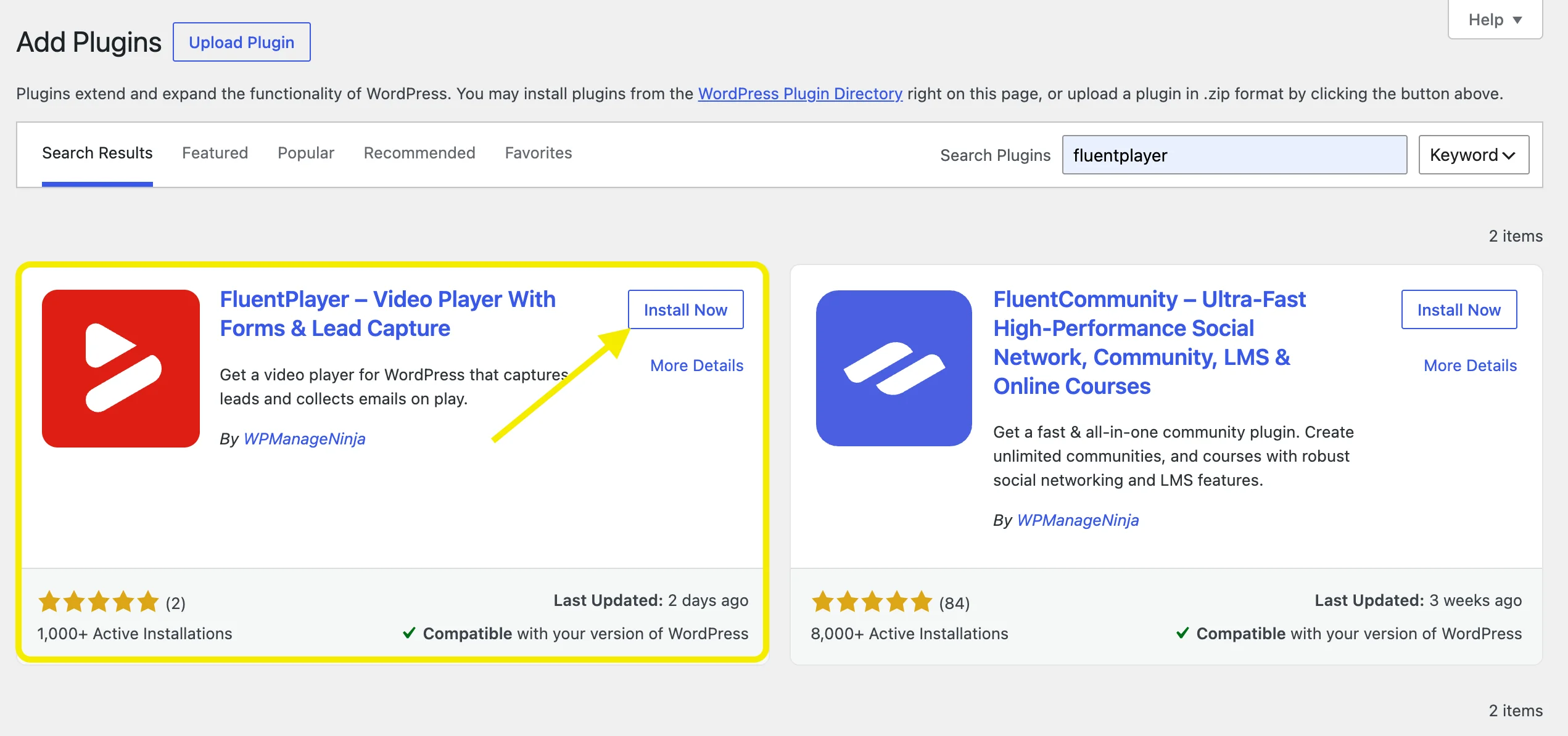 WordPress Add Plugins screen with FluentPlayer by WPManageNinja and the Install Now button