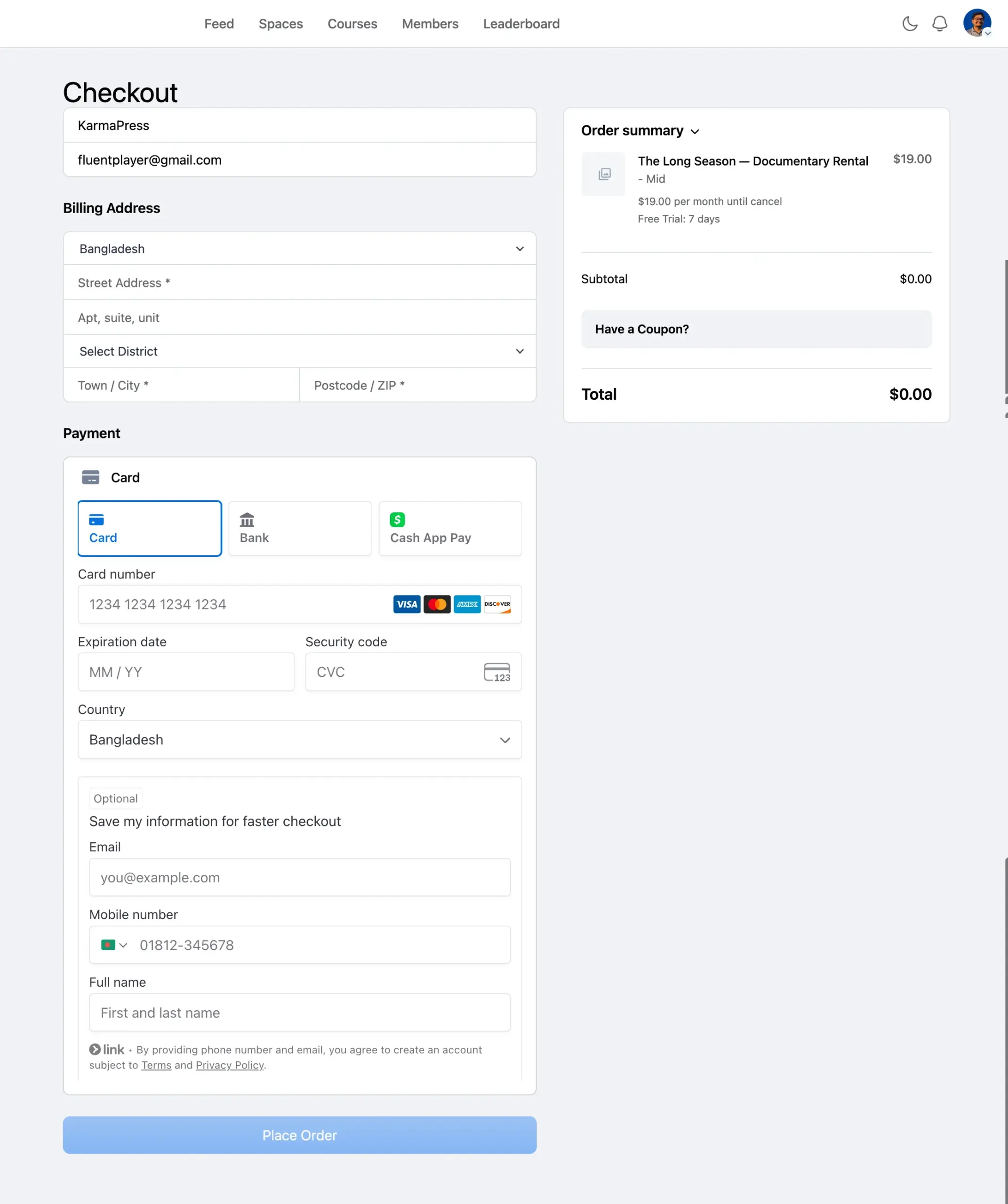 Checkout page within FluentCommunity