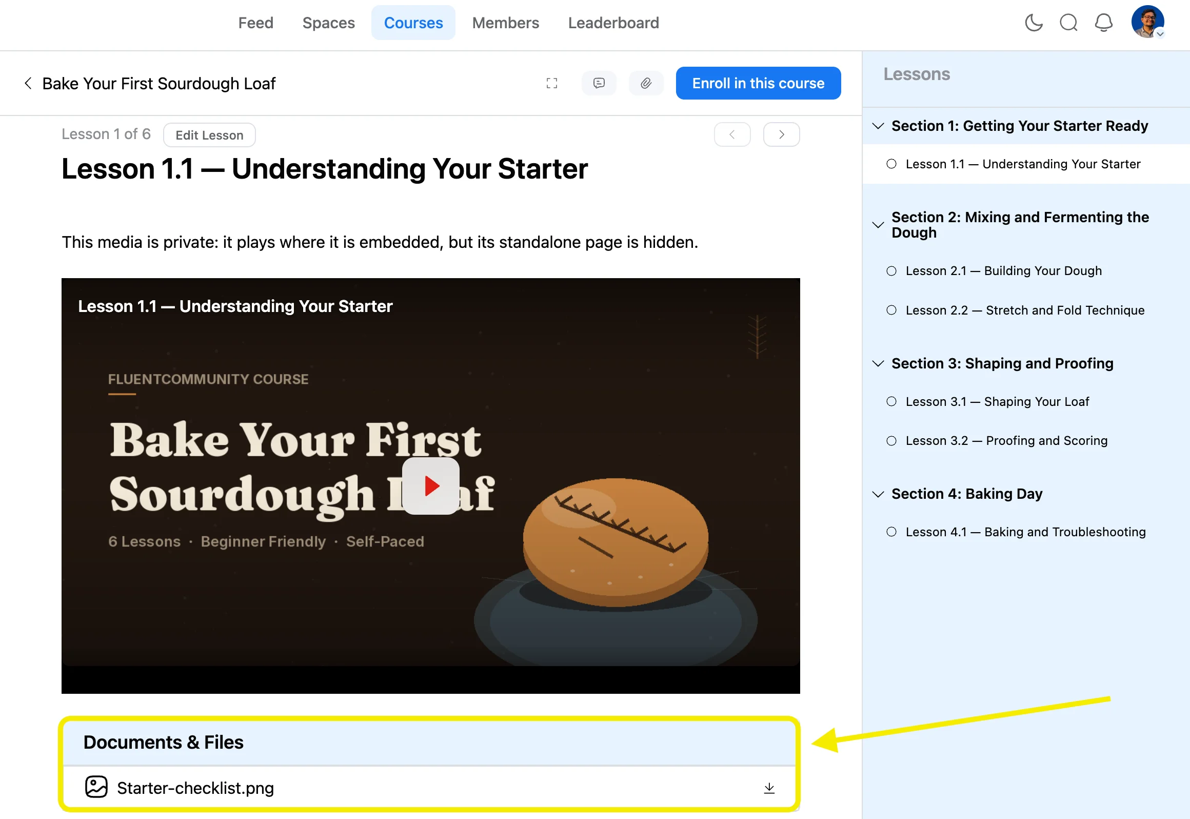 FluentCommunity lesson document with a download button for enrolled students.