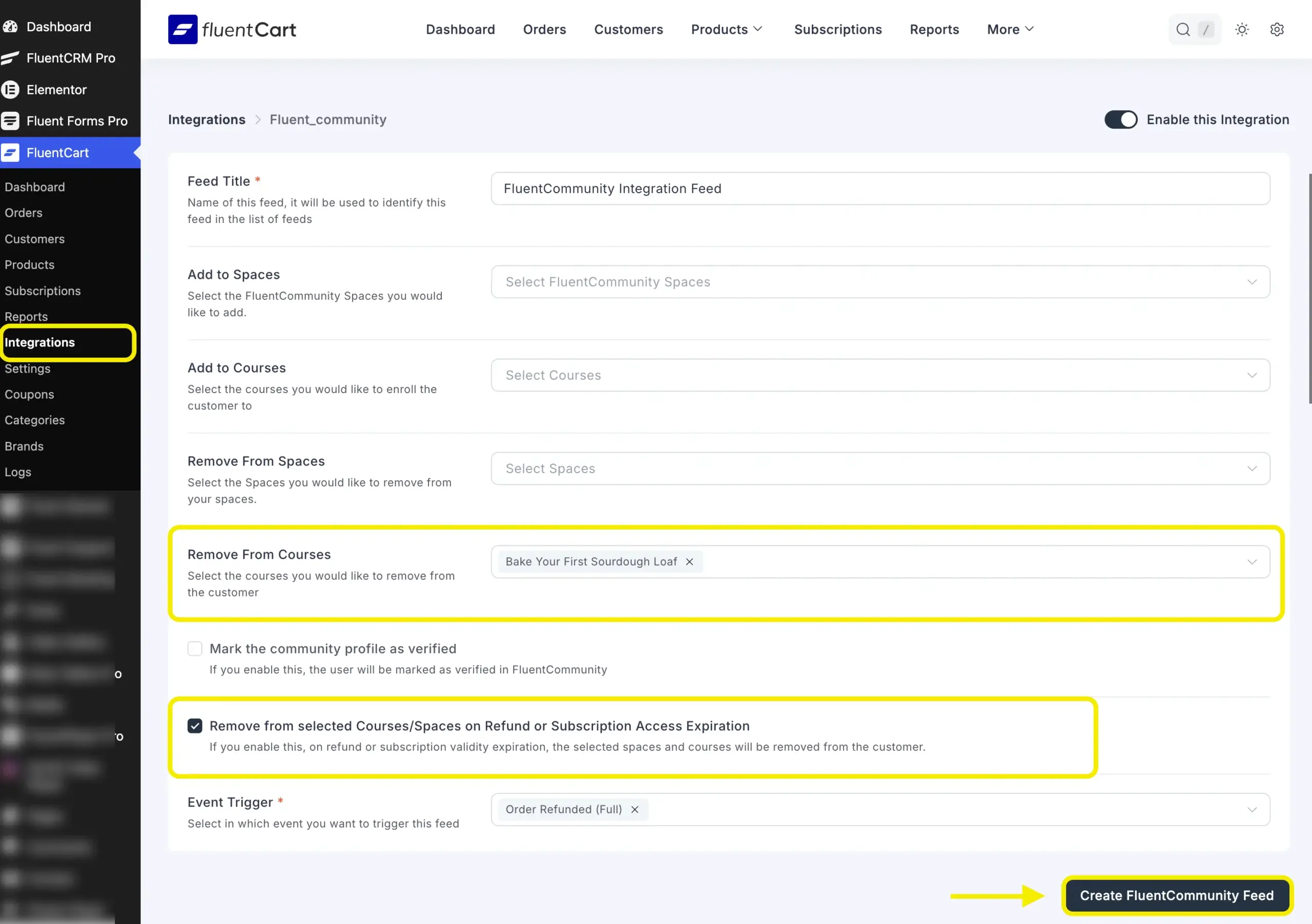 FluentCart integration setting to remove course access on refund or expiration.