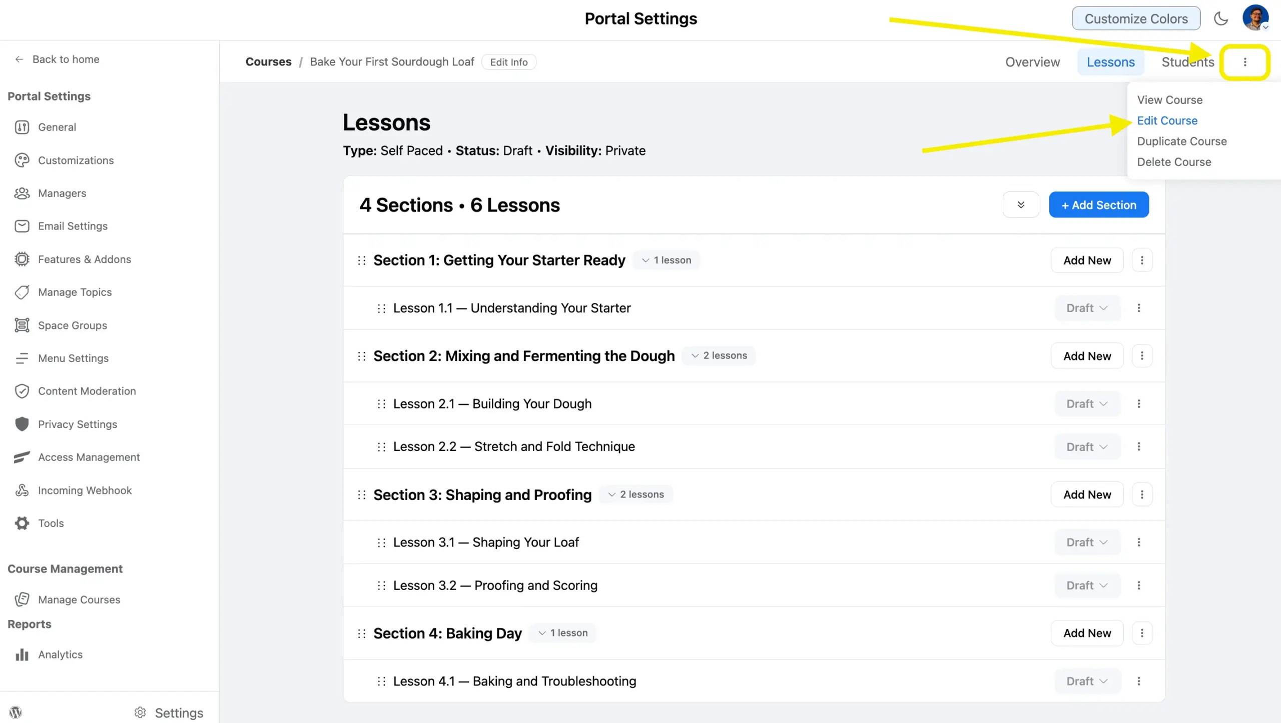 FluentCommunity course editor with six lessons listed in order