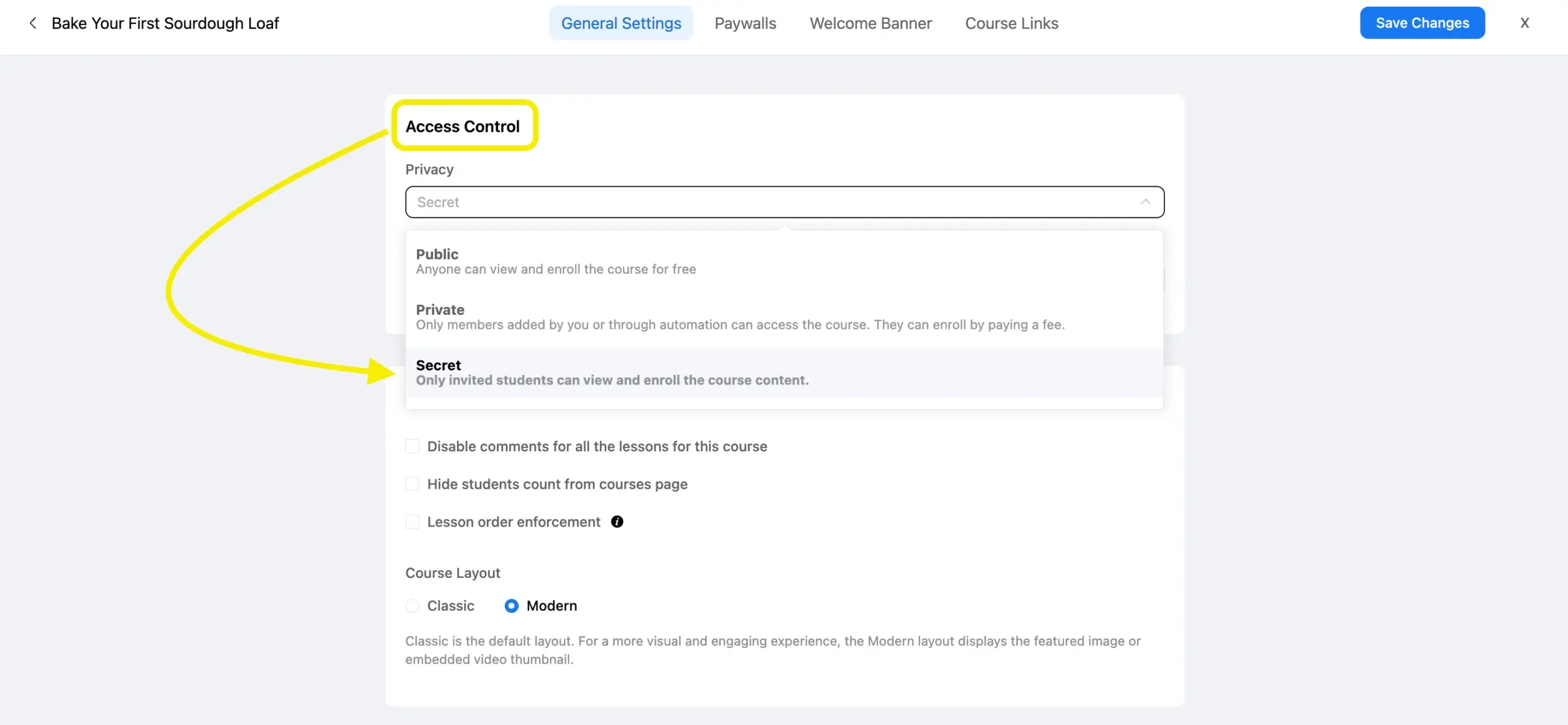 FluentCommunity course privacy settings showing Public, Private, and Secret options