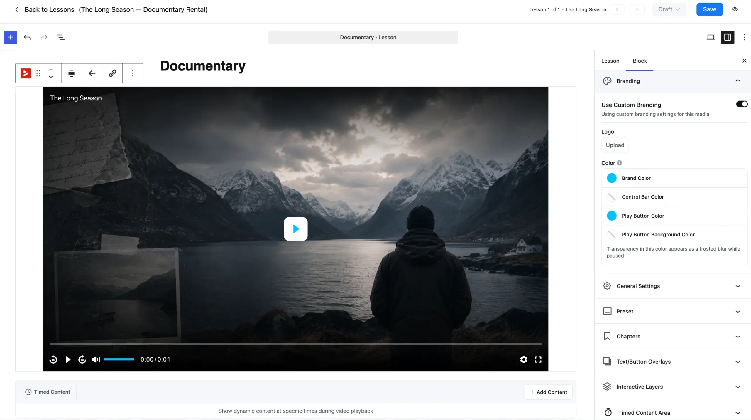 FluentPlayer- embedded within FluentCommunity course- Custom branding with Brand color, Control bar color, Play button color, Play button background color.