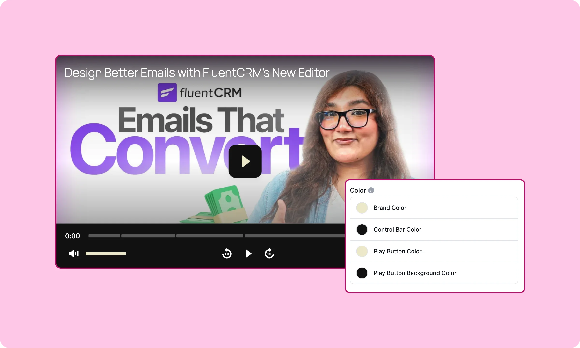 FluentPlayer branding options- brand color, control bar color, play button color and play button background color.