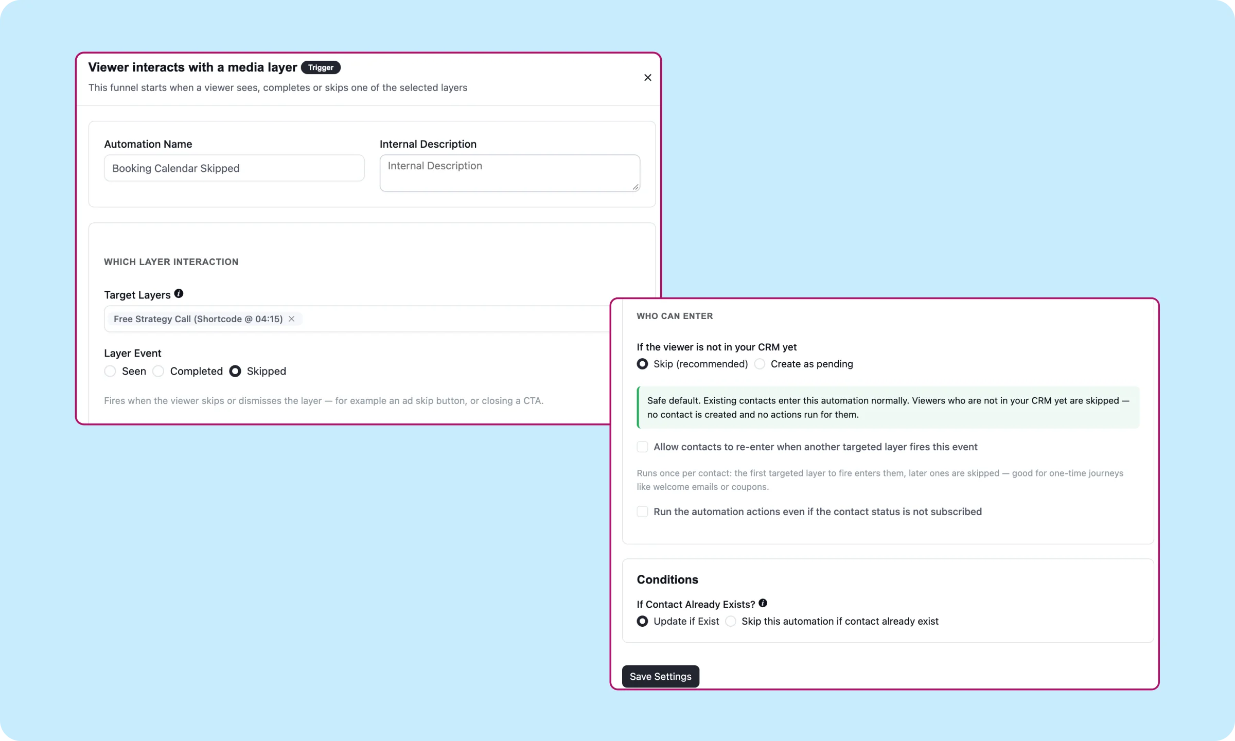 FluentCRM automation trigger configured for a skipped media layer interaction, layer event set to Skipped