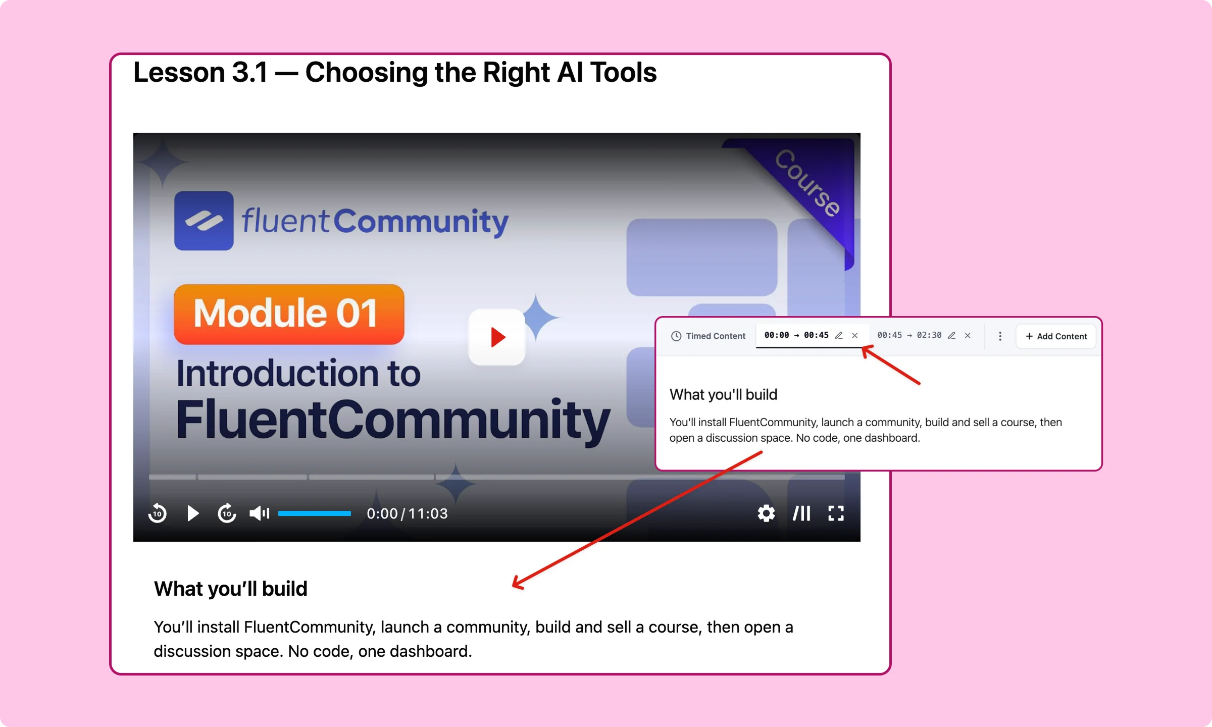 FluentPlayer timed content block - drop any WordPress block following the timestamps of your video under it. 