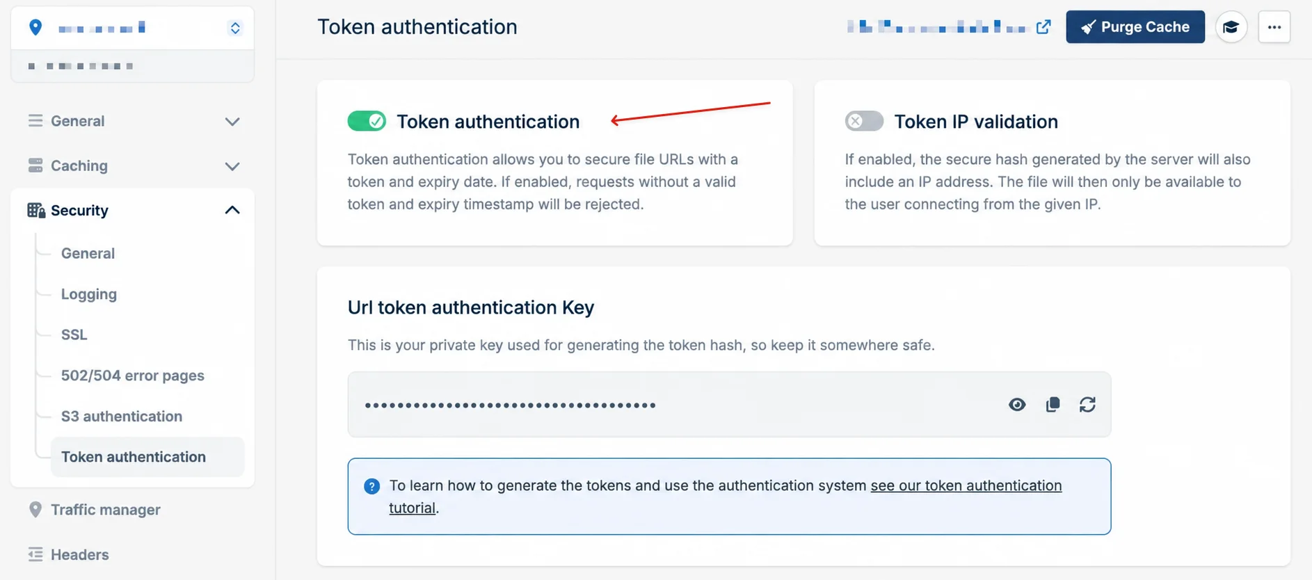 Token authentication toggled on in BunnyStream.