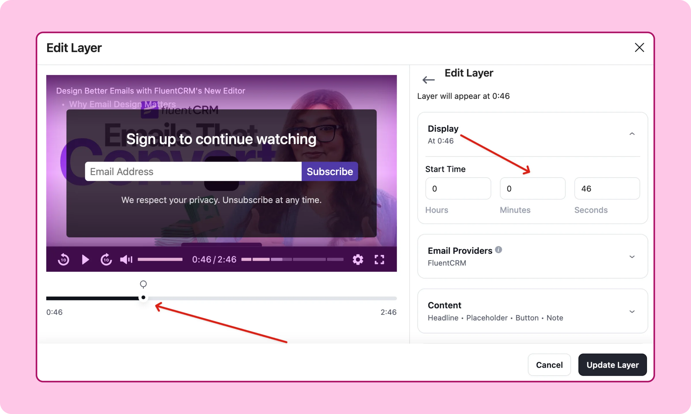 Email capture at precise timing  in FluentPlayer with an additional slider.