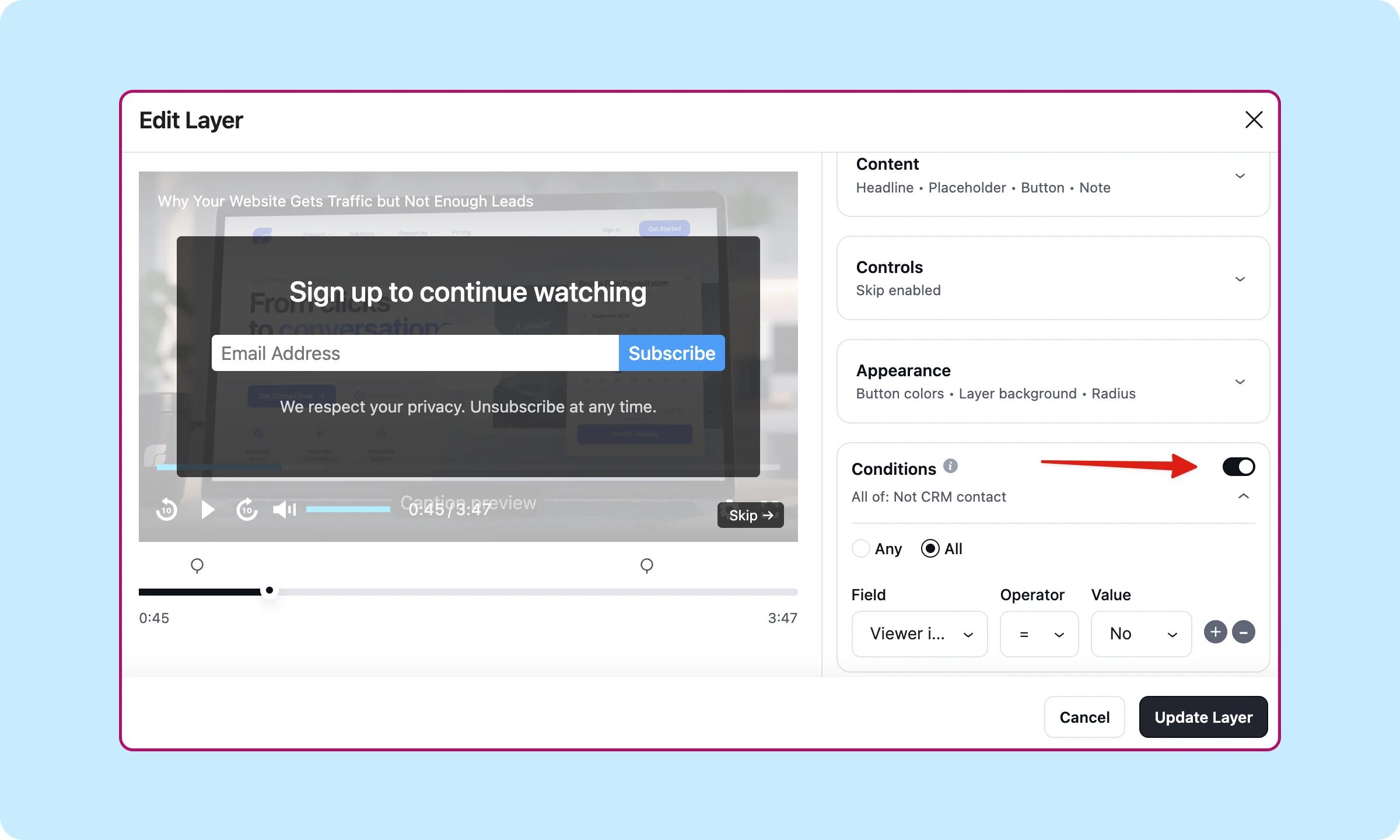 Conditions panel on a layer, showing the FluentCRM condition set against layer visibility.