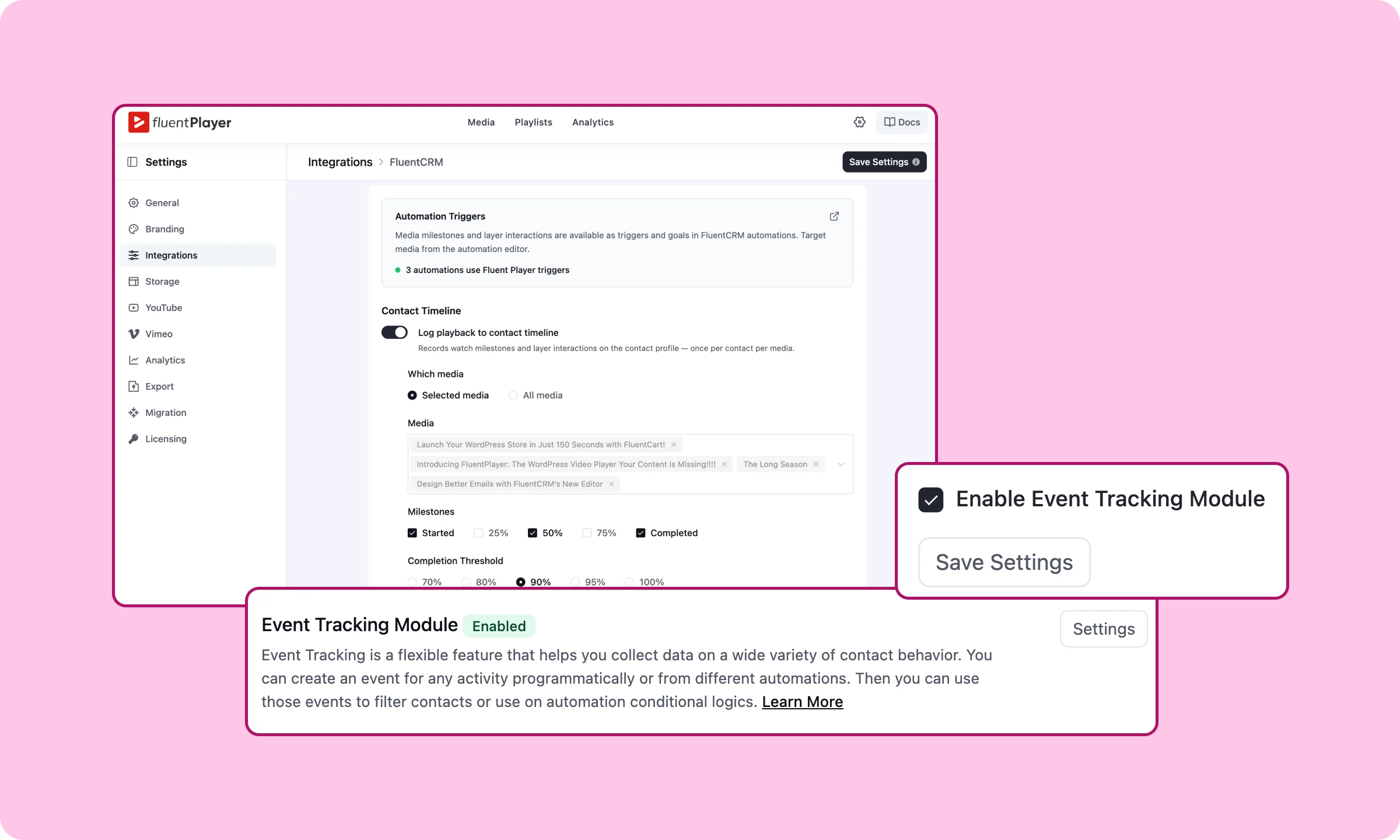 FluentPlayer event tracking module in FluentCRM.