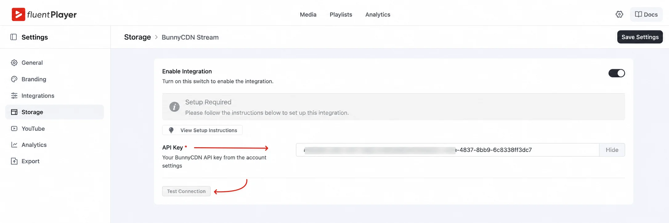 BunnyCDN Stream configuration panel with API key, and test connection button.