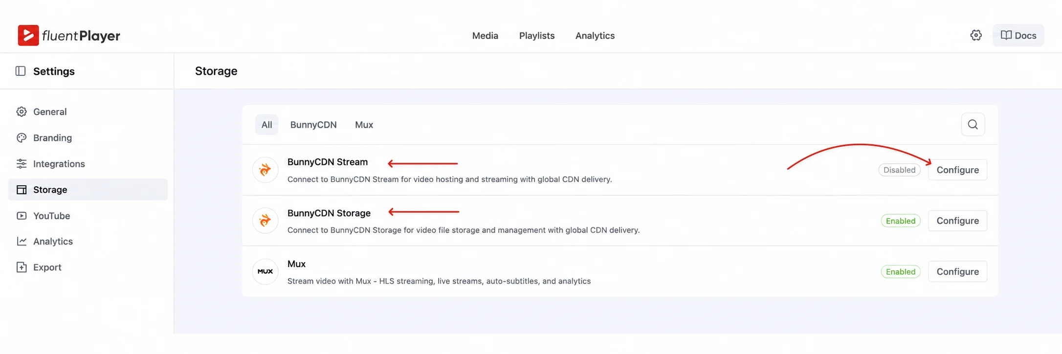 Storage options allowed in FluentPlayer showing BunnyCDN Stream and BunnyCDN storage with Configure button.