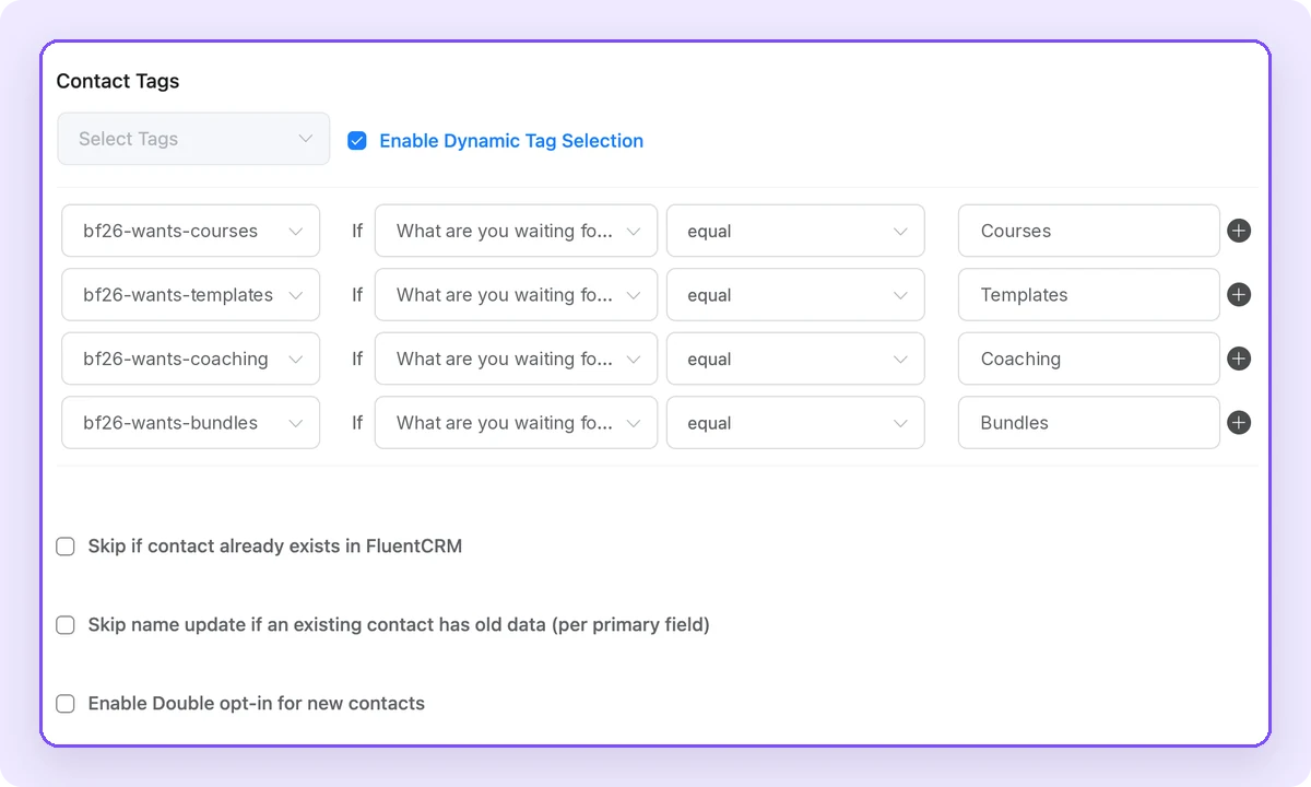 Fluent Forms dynamic tag selection.