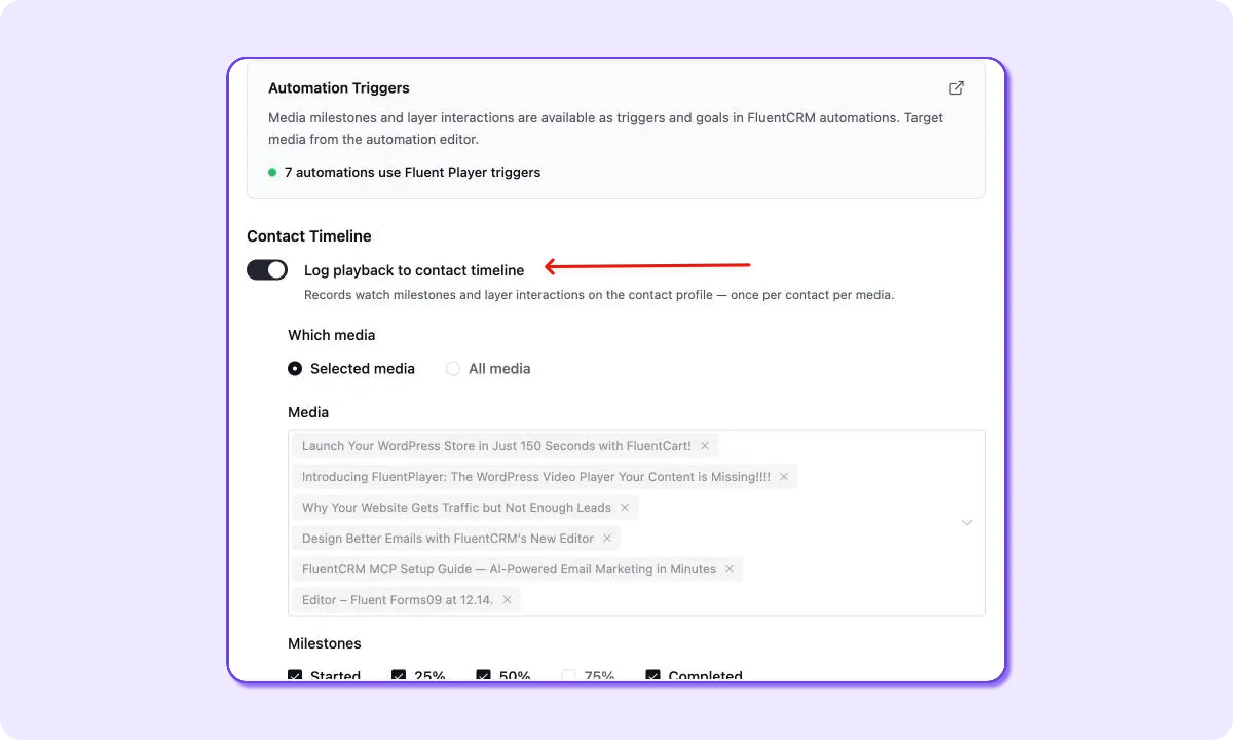 FluentCRM integration with FluentPlayer configuration page, with Log playback to contact timeline is toggled on. 