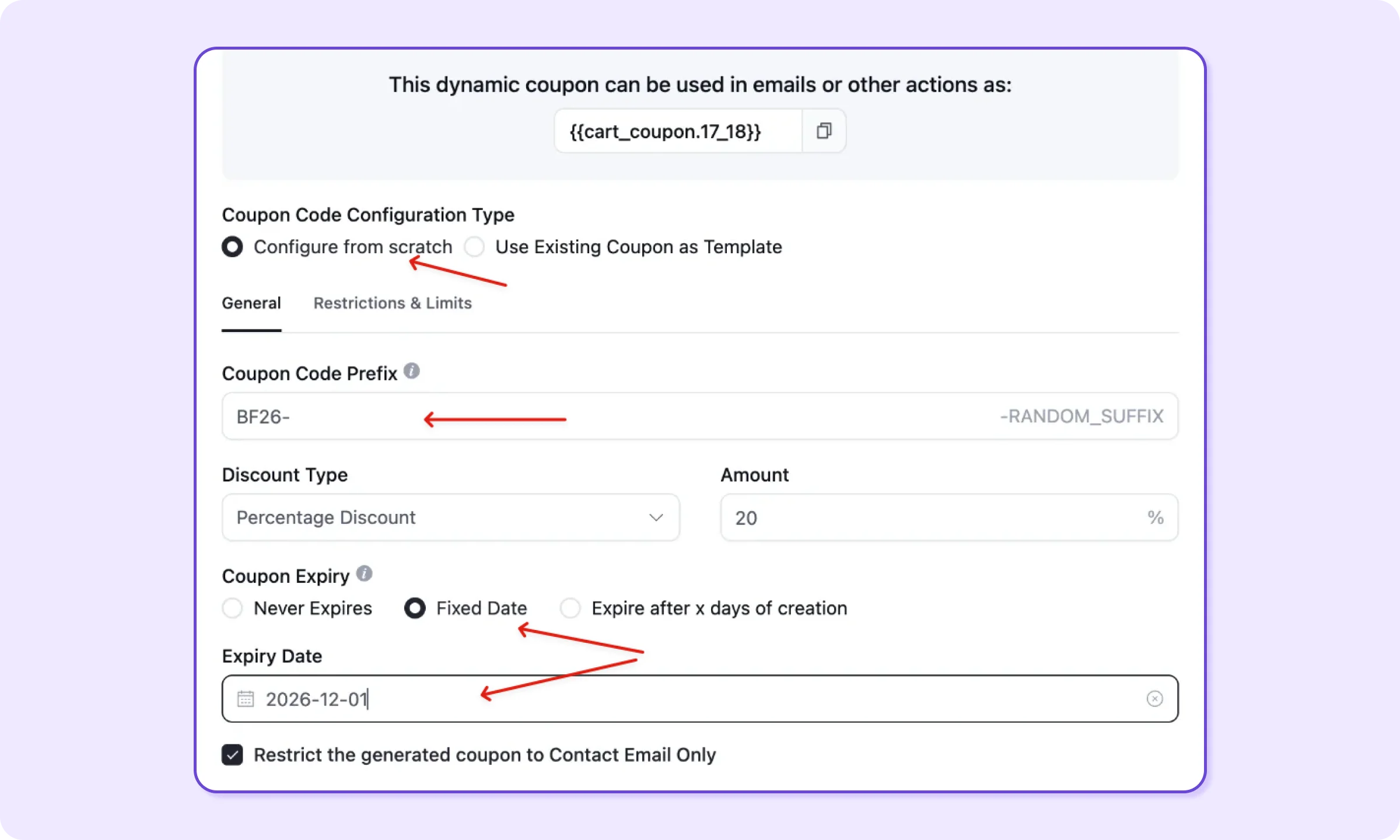 FluentCRM Create Coupon General tab with prefix BF26-, 20% discount, fixed expiry, and contact email restriction