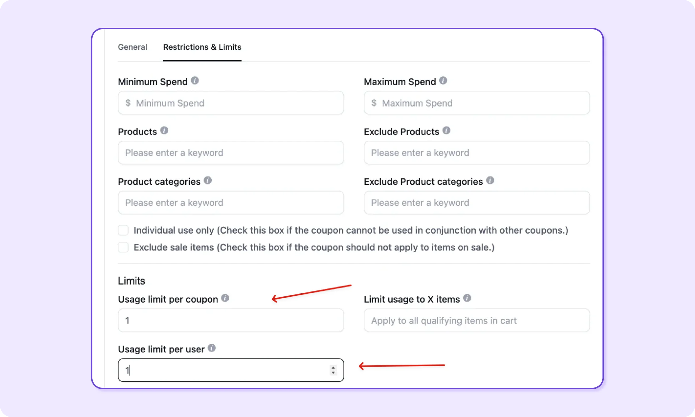FluentCRM Create Coupon Restrictions and Limits tab with usage limits per coupon and per user set to 1