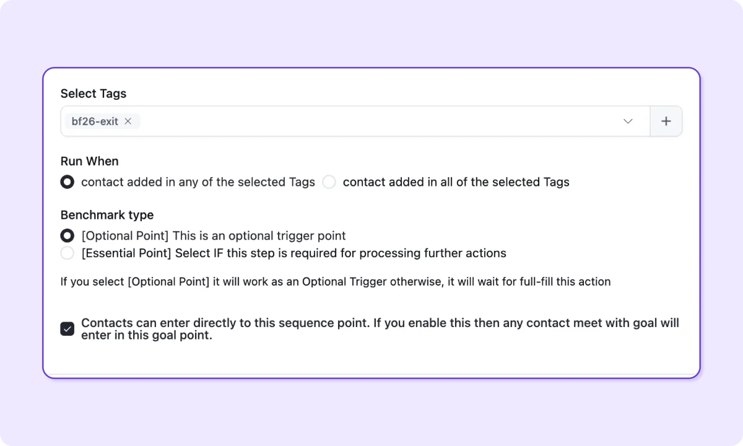 FluentCRM Tag Applied goal set to bf26-exit with Contacts can enter directly ticked by default