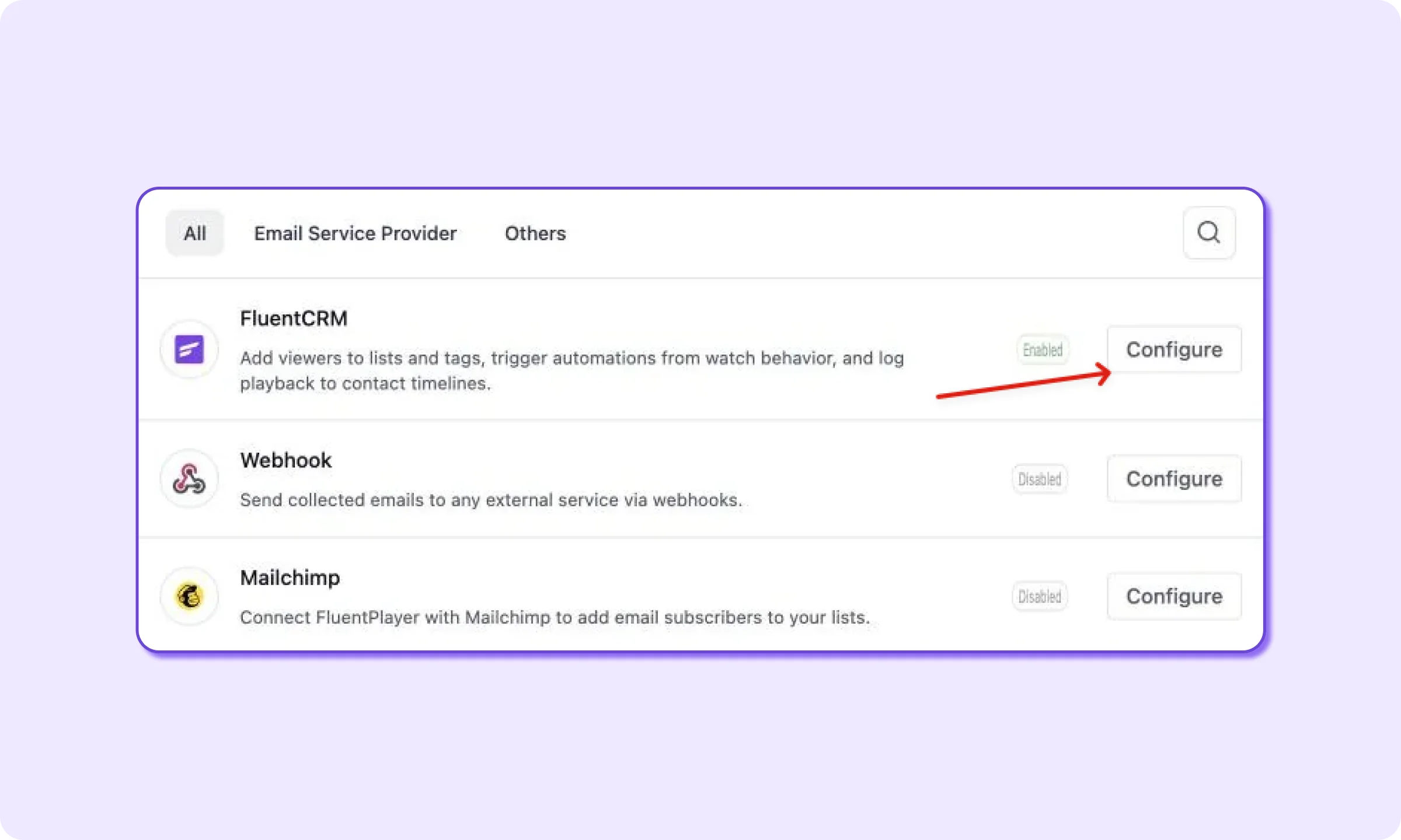 FluentCRM integration with FluentPlayer, showing configure button.