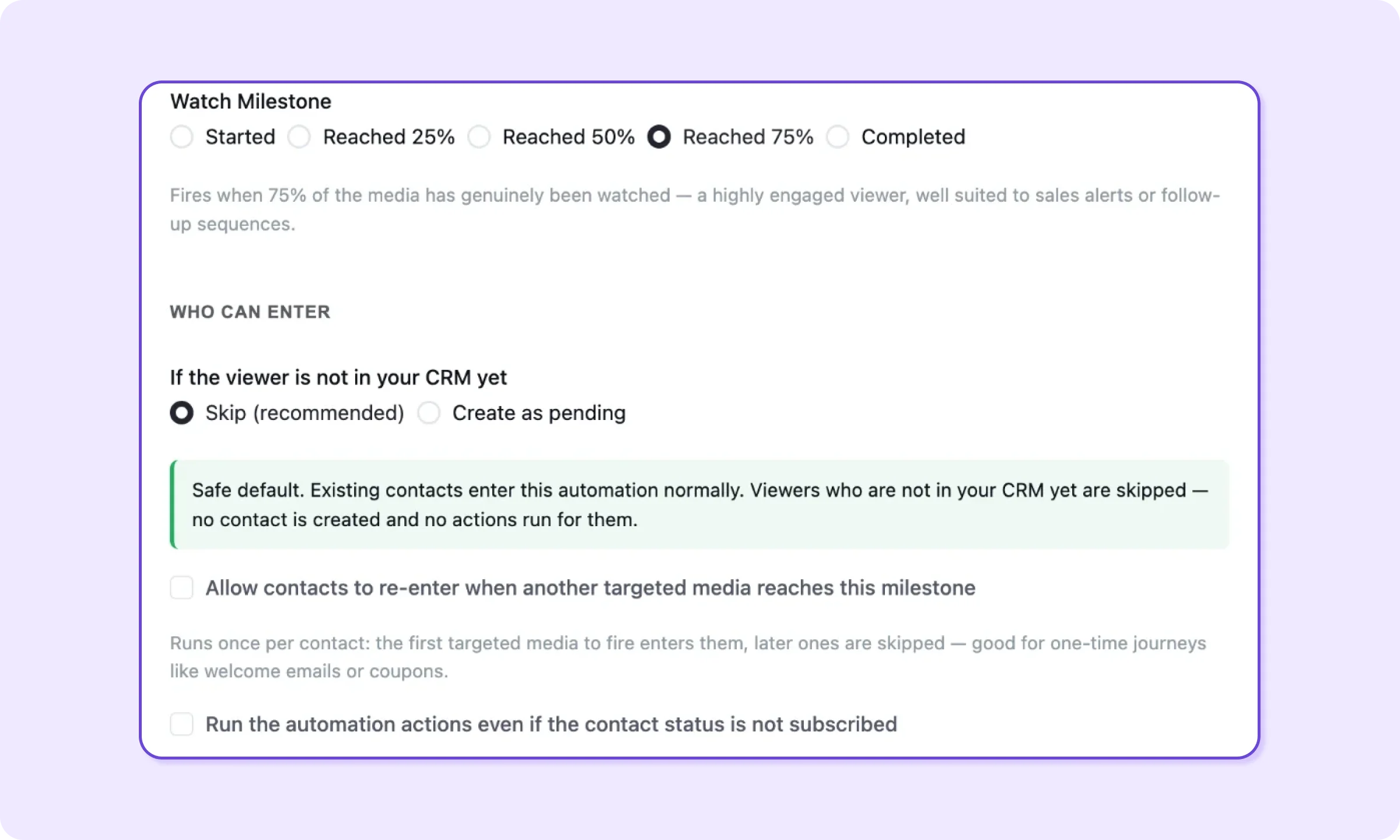 FluentPlayer trigger inside FluentCRM settings, with watch milestone, Who can enter condition and allow to re-enter.