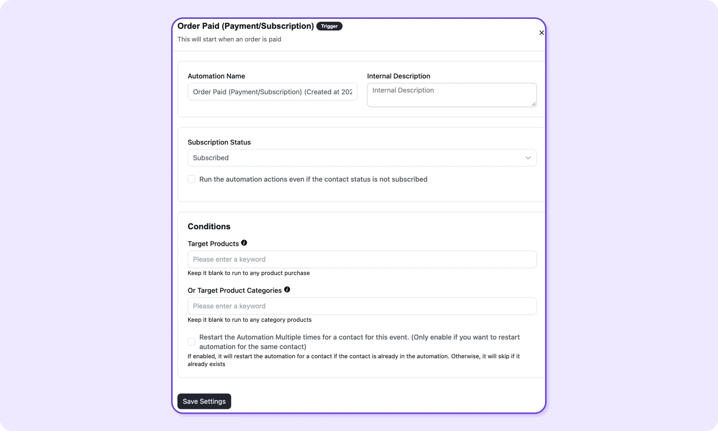 FluentCart Order Paid trigger settings with Target Products, Target Product Categories, and the restart checkbox