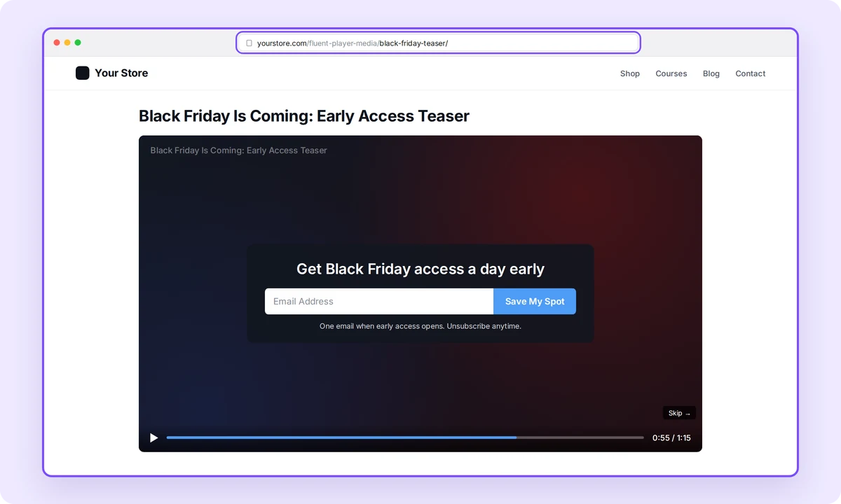 BFCM early access teaser, with email capture layer enabled in FluentPlayer.