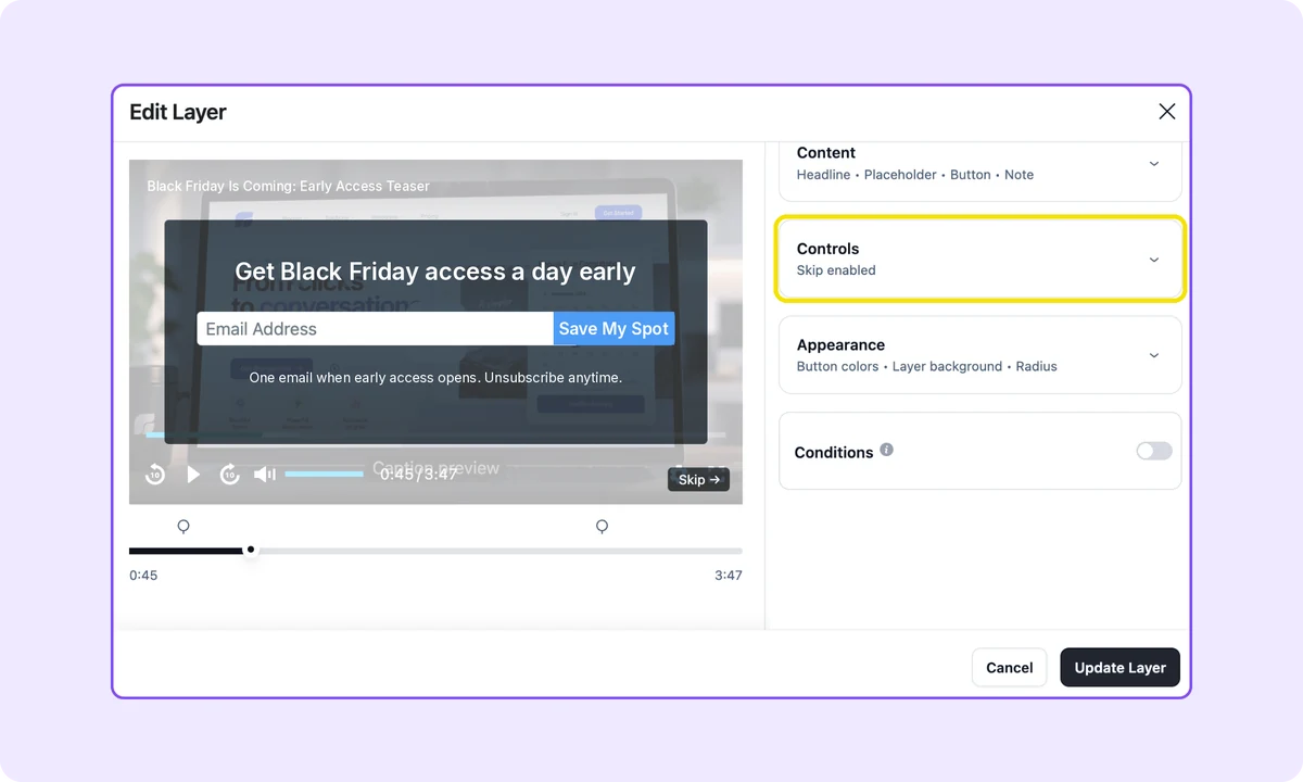 FluentPlayer email capture layer control - disable or enable skip.