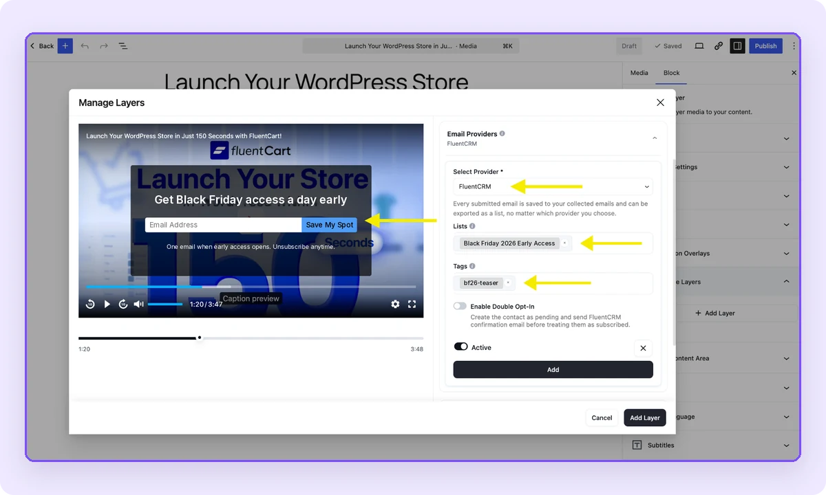 FluentPlayer email provider FluentCRM selected, with lists, tags and double opt-in option.