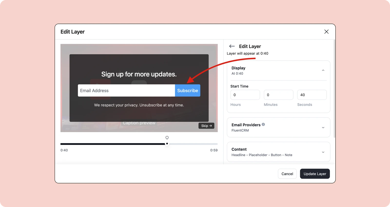 FluentPlayer Email Capture layer set to appear at 0:40 of a 59-second video, with a Skip button